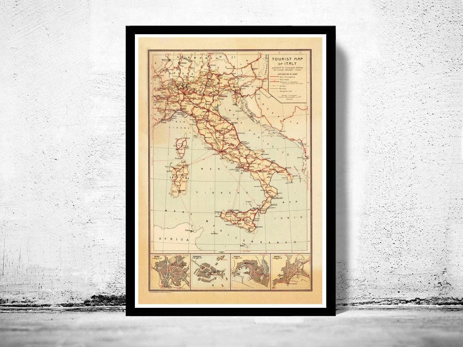 Old Map of Italy Touristic Map 1931 Vintage Map of Italy | Vintage Map Wall Art Print