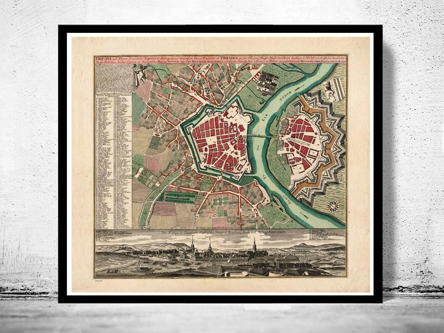 Old Map of Dresden 1740 Germany Vintage Map  | Vintage Map Wall Art Print