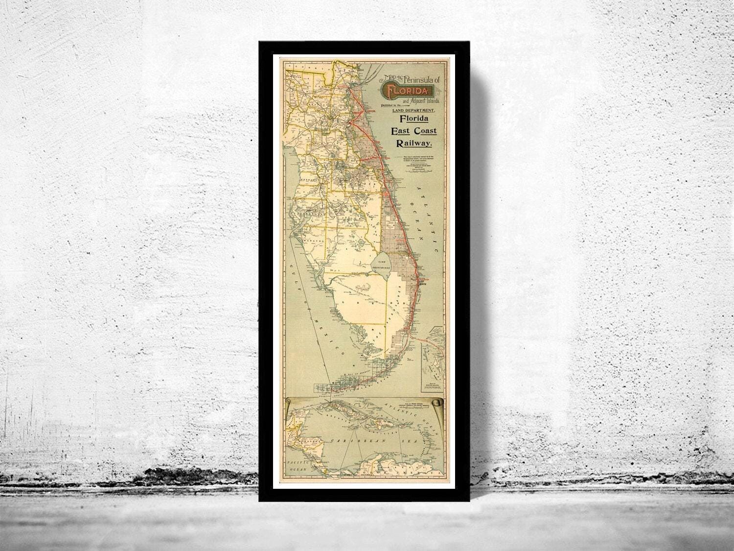 Old Map of Florida 1896 Vintage Map | Vintage Map Wall Art Print
