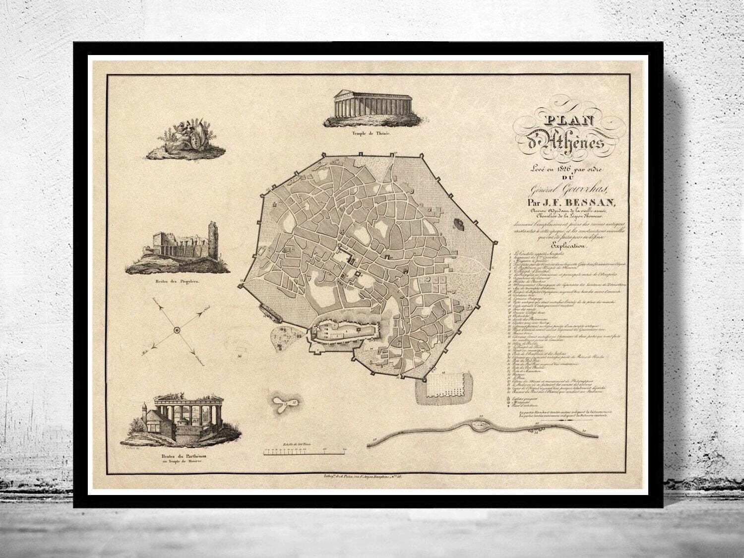Old Map of Athens Greece Parthenon Acropolis 1826 Vintage Map | Vintage Map Wall Art Print