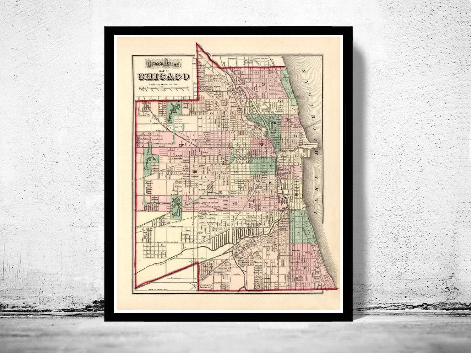 Old Map of Chicago 1874 Vintage Map of Chicago | Vintage Map Wall Art Print