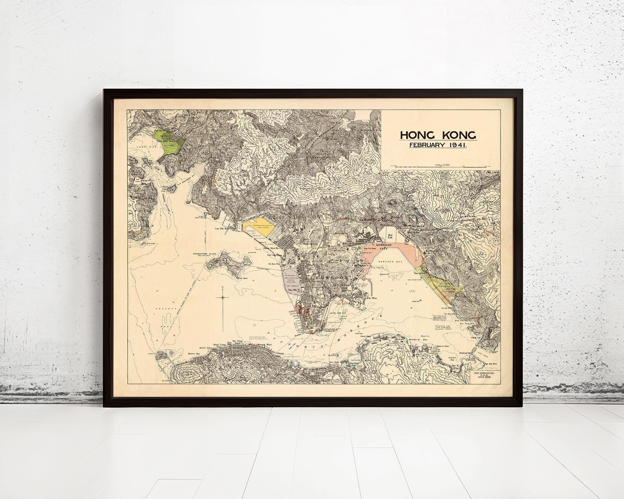 Old Map of Hong Kong Kowloon 1941 Vintage Map  | Vintage Map Wall Art Print