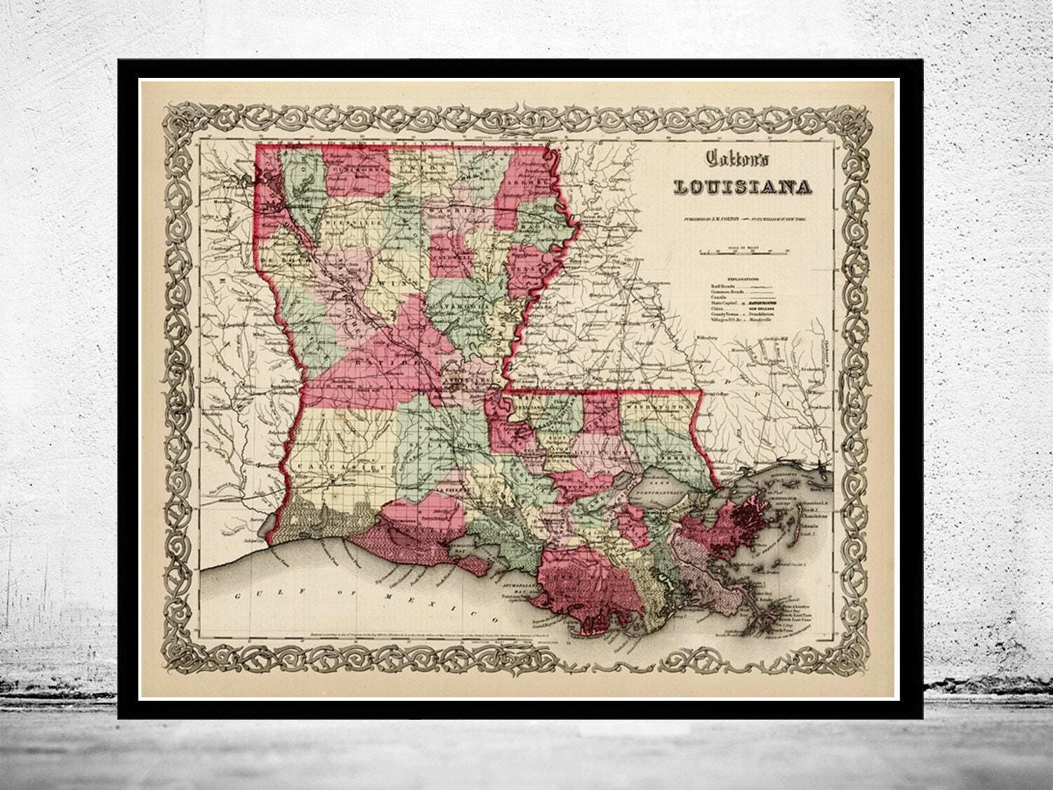 Old Map Louisiana State 1865 United States of America  | Vintage Map Wall Art Print