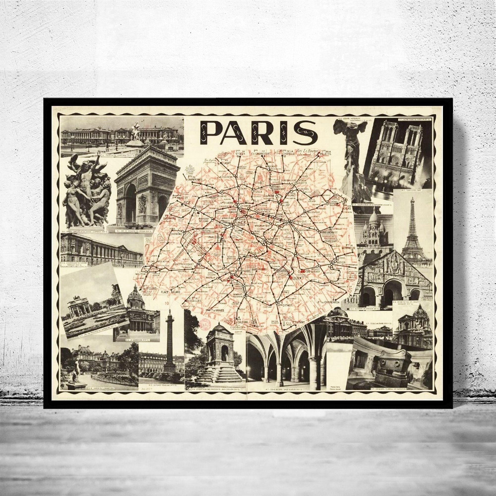Old Map of Paris Guide 1937 Vintage Map | Vintage Map Wall Art Print