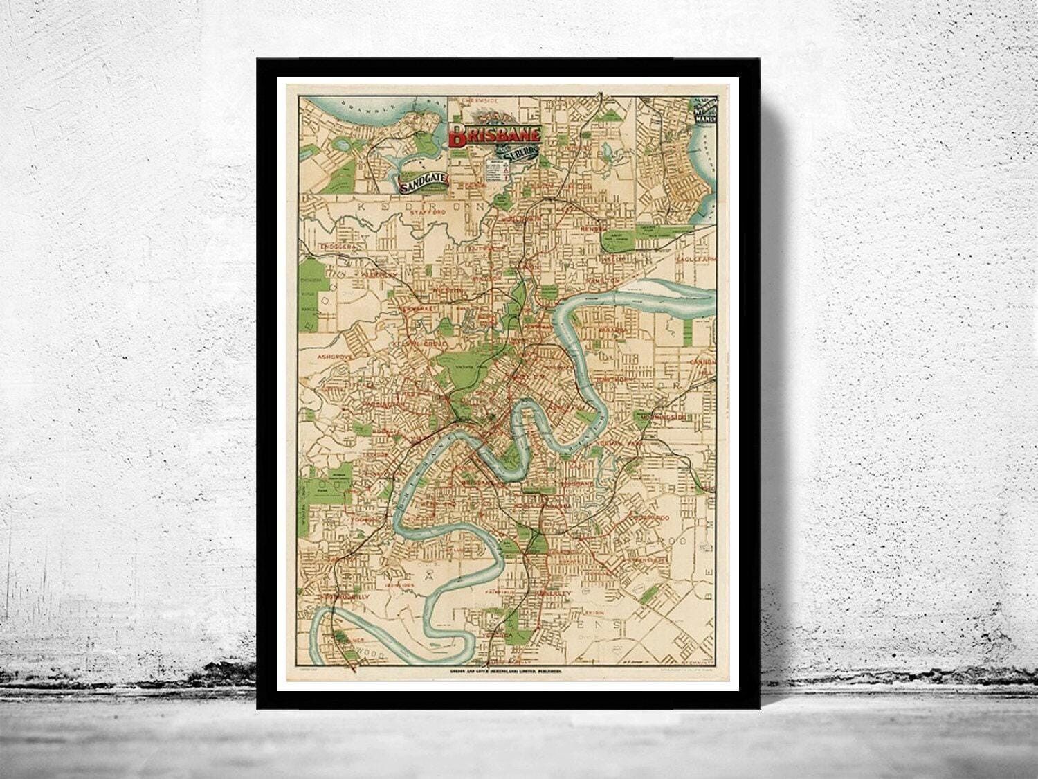 Old Map of Brisbane Australia 1920 Vintage Map | Vintage Map Wall Art Print