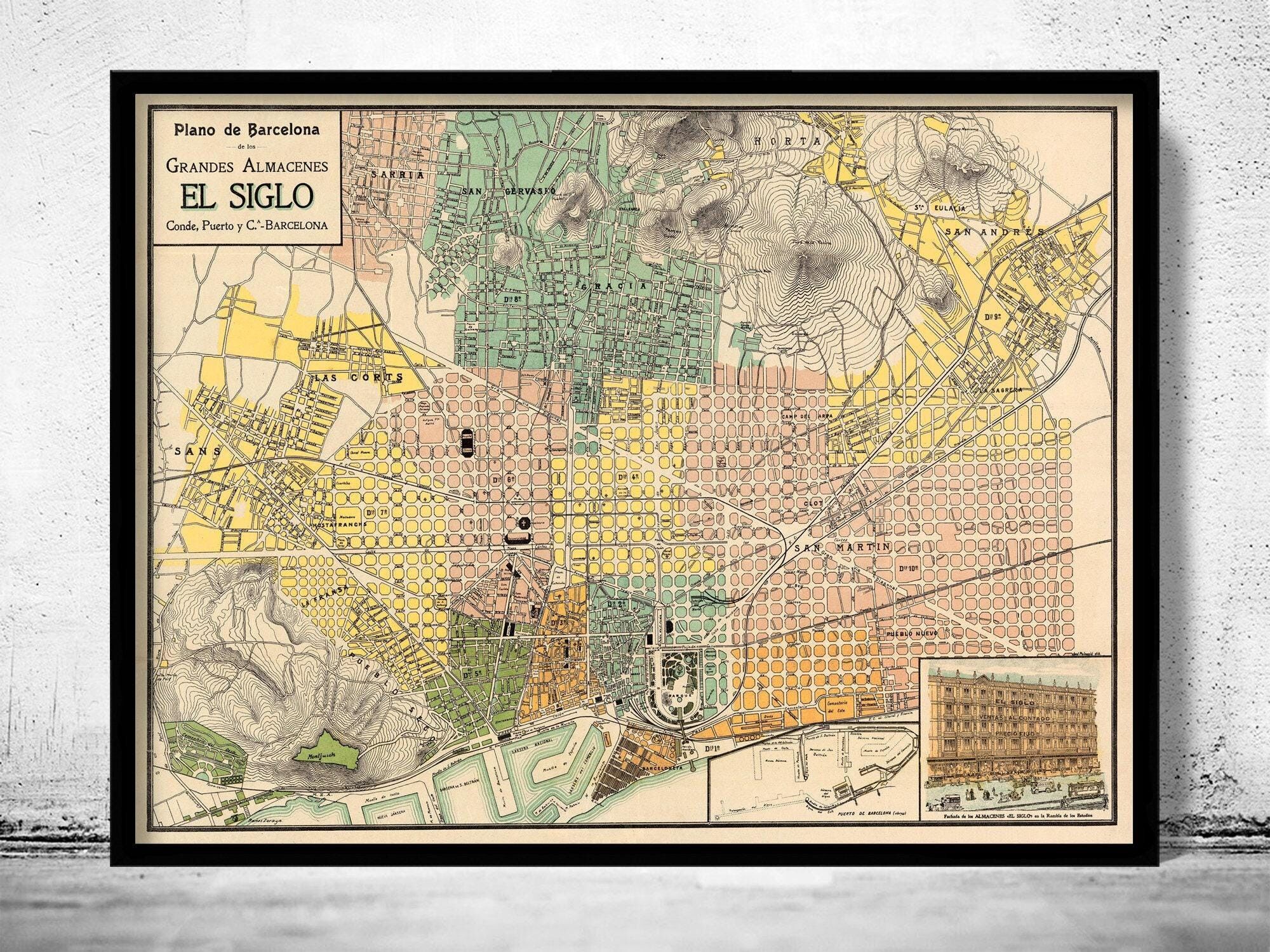Old Map of Barcelona Spain Vintage Map of Barcelona | Vintage Map Wall Art Print