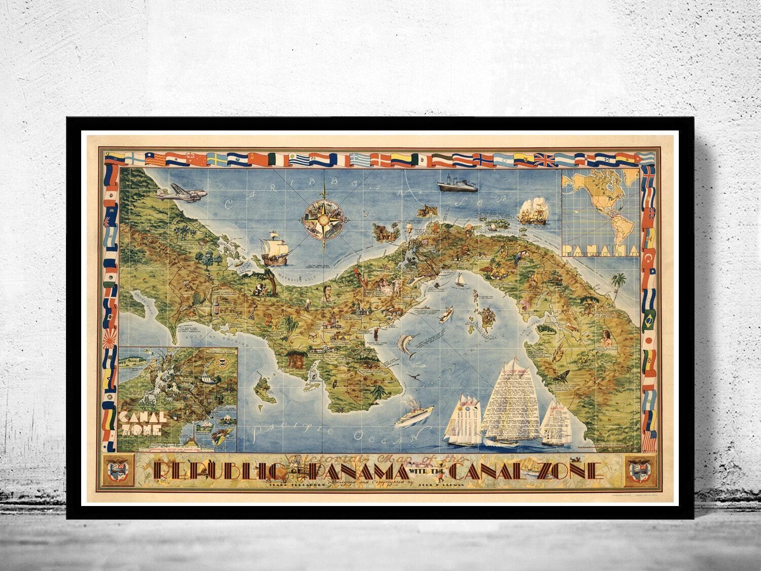 Old Map of Panama Canal Zone 1941 Vintage Map | Vintage Map Wall Art Print