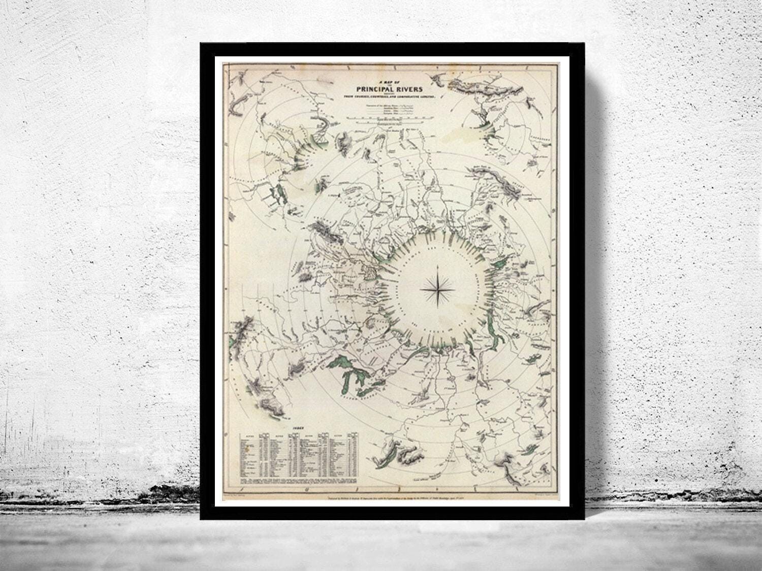 Ols Comparative length of Rivers of the World 1834 | World Map Gift World Map Print | Vintage World Map | World Map Wall Art