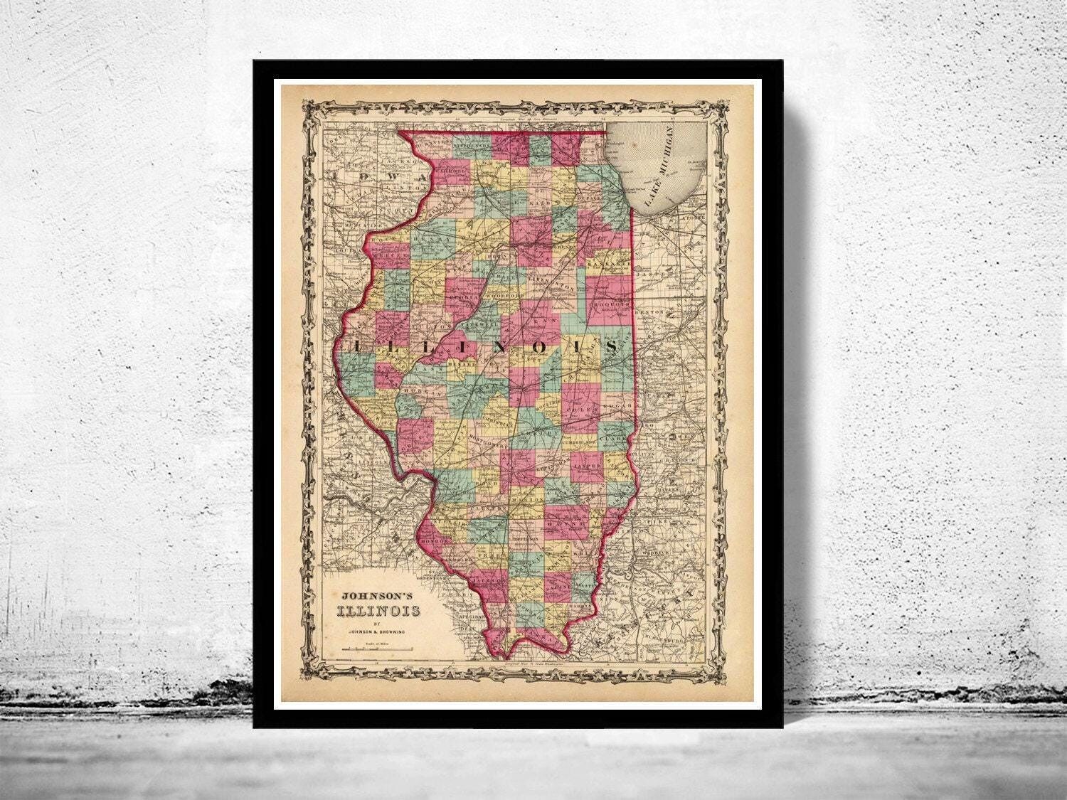 Old Map Illinois 1860 Vintage Map | Vintage Map Wall Art Print
