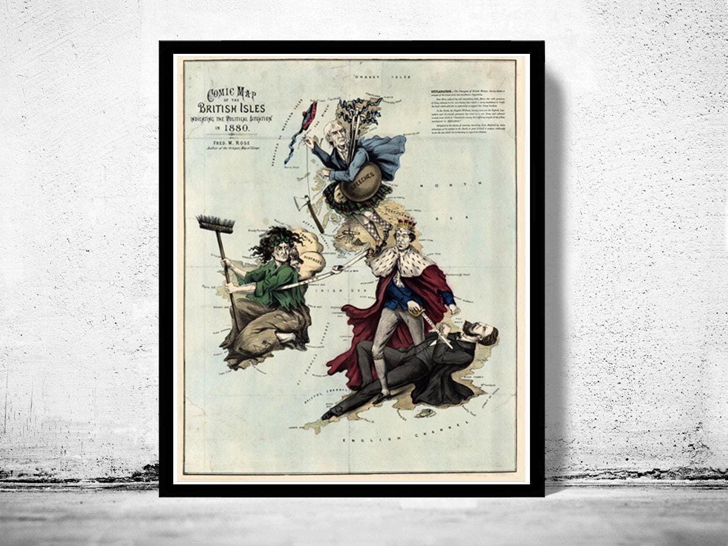 Old Map of United Kingdom 1880 British Isles Comic Map | Vintage Map Wall Art Print