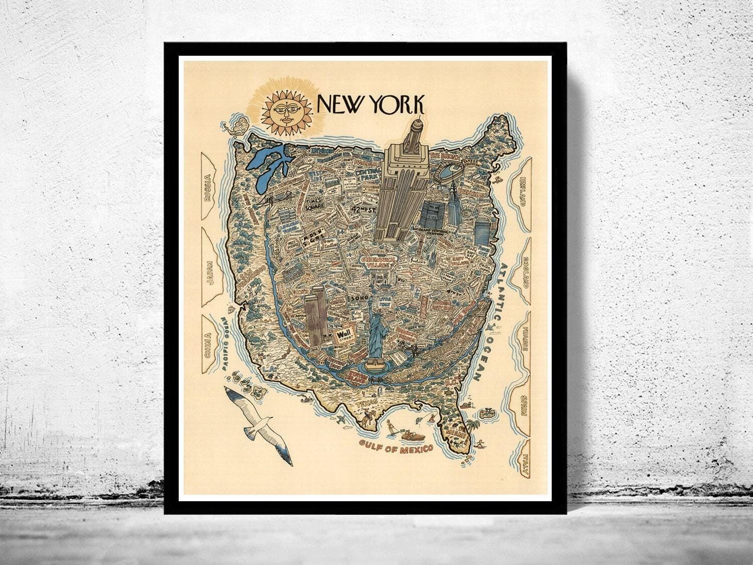 Vintage Poster of New York Pictorial Map New York Antique Poster | Vintage Map Wall Art Print | Large Poster Print | Home Decor Wall Art