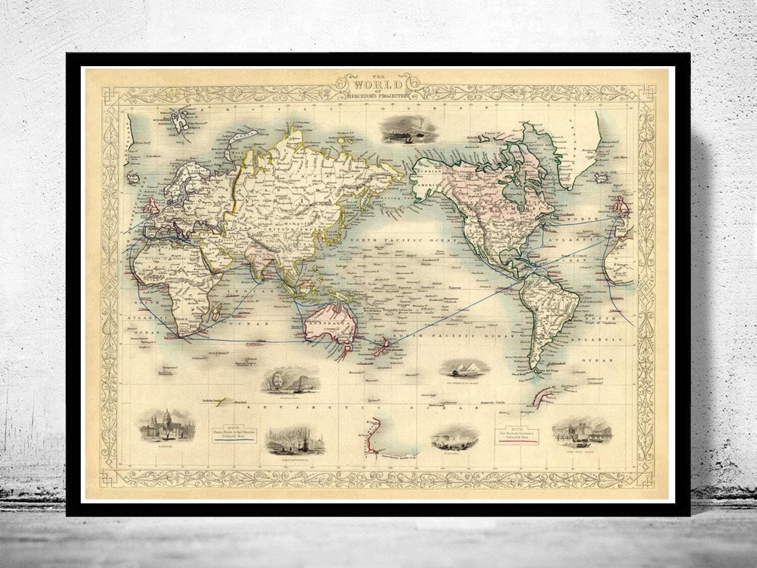Old World Map Atlas Vintage World Map 1851 Mercator projection  | World Map Gift World Map Print | Vintage World Map | World Map Wall Art