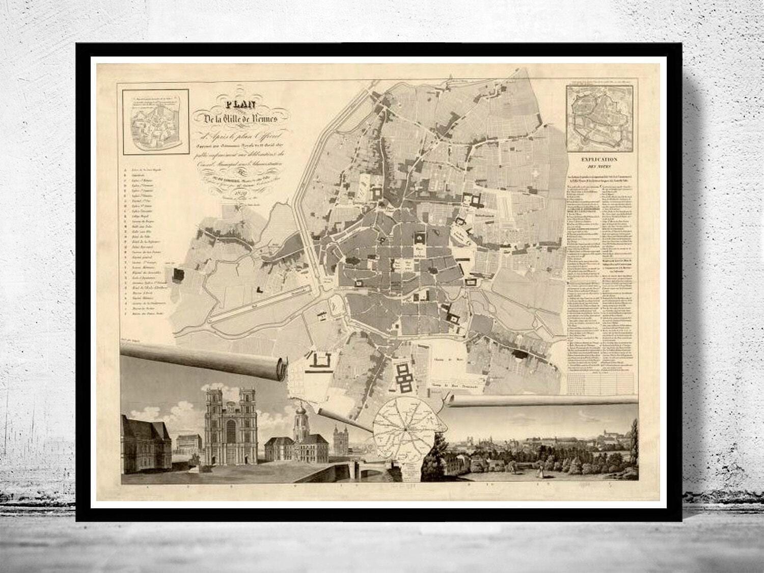 Old Map of Rennes France 1830 Vintage Map | Vintage Map Wall Art Print