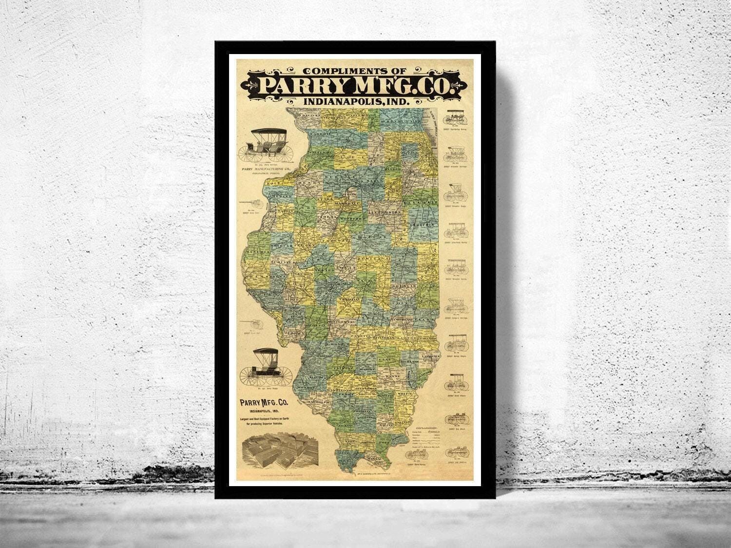 Old Map Illinois 1880 Vintage Map | Vintage Map Wall Art Print
