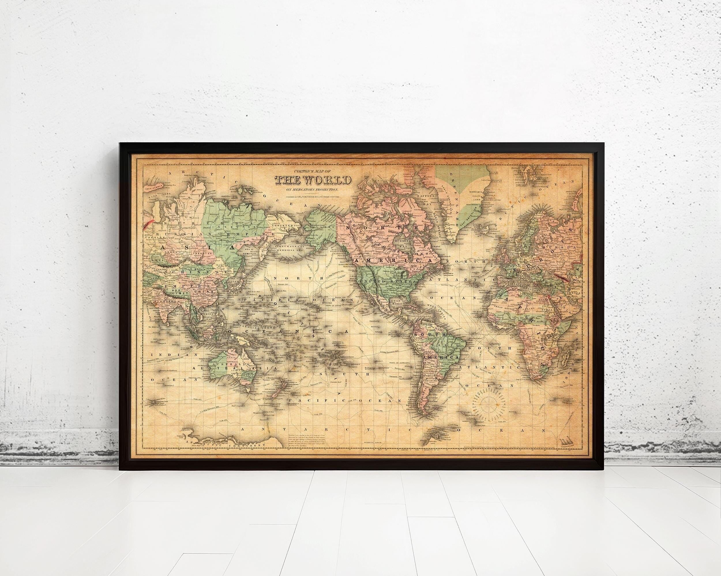 Vintage Map of The World 1876 Mercator projection Vintage Map | World Map Gift World Map Print | Vintage World Map | World Map Wall Art