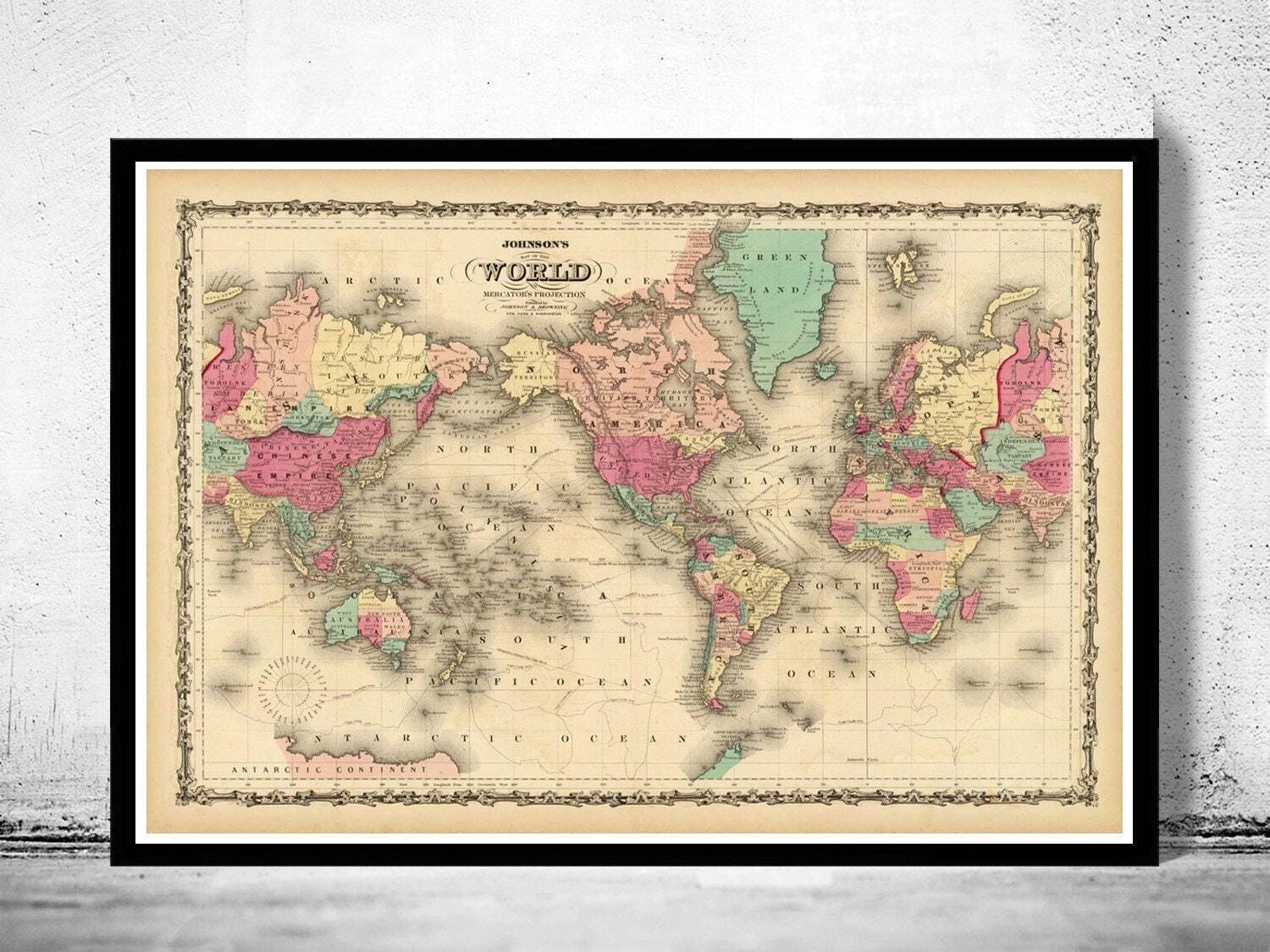Old Map of The World 1860 Mercator Projection | World Map Gift World Map Print | Vintage World Map | World Map Wall Art | Large Map Print