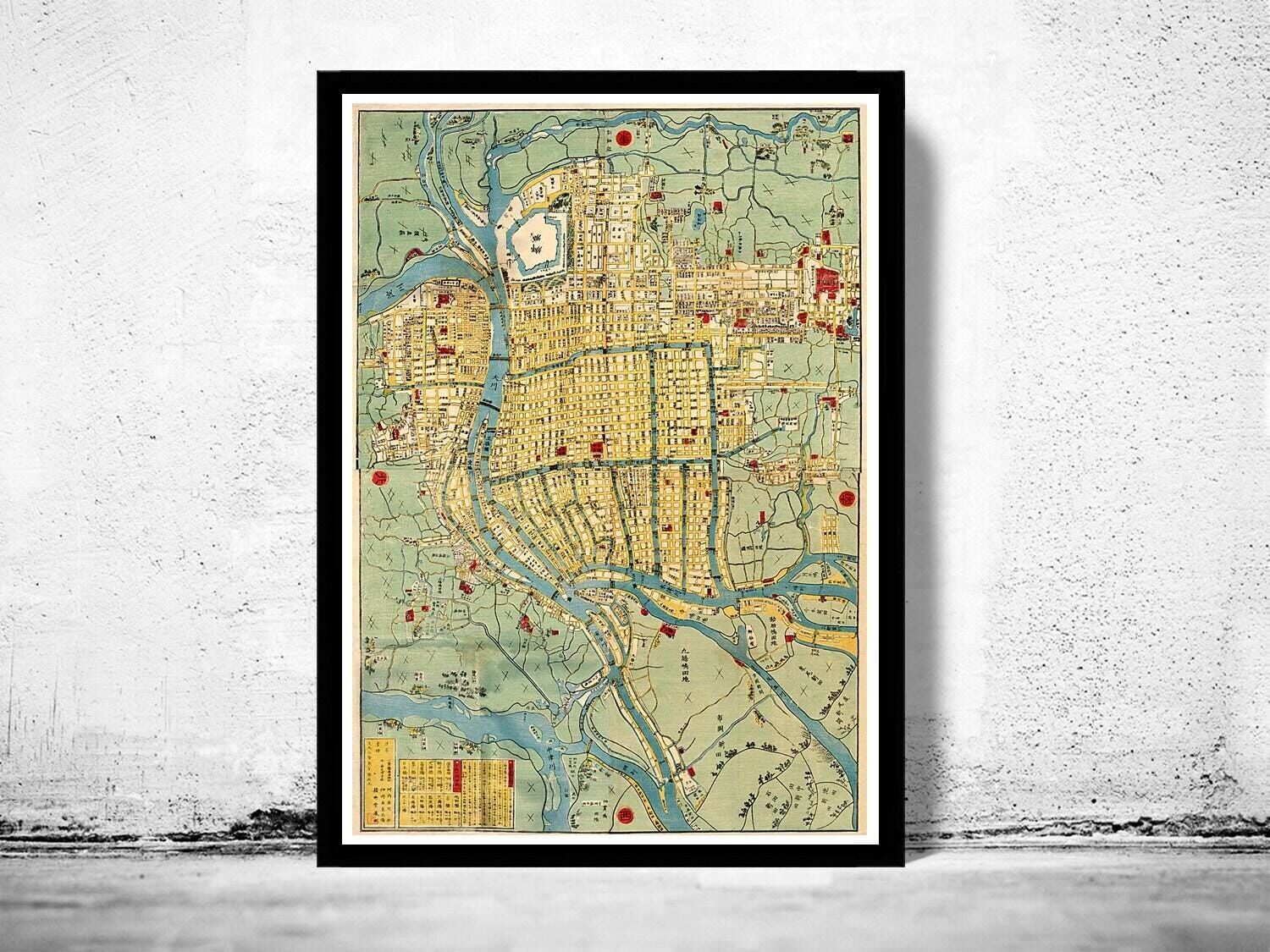Old Map of Osaka City Japan 1863 Vintage Map | Vintage Map Wall Art Print