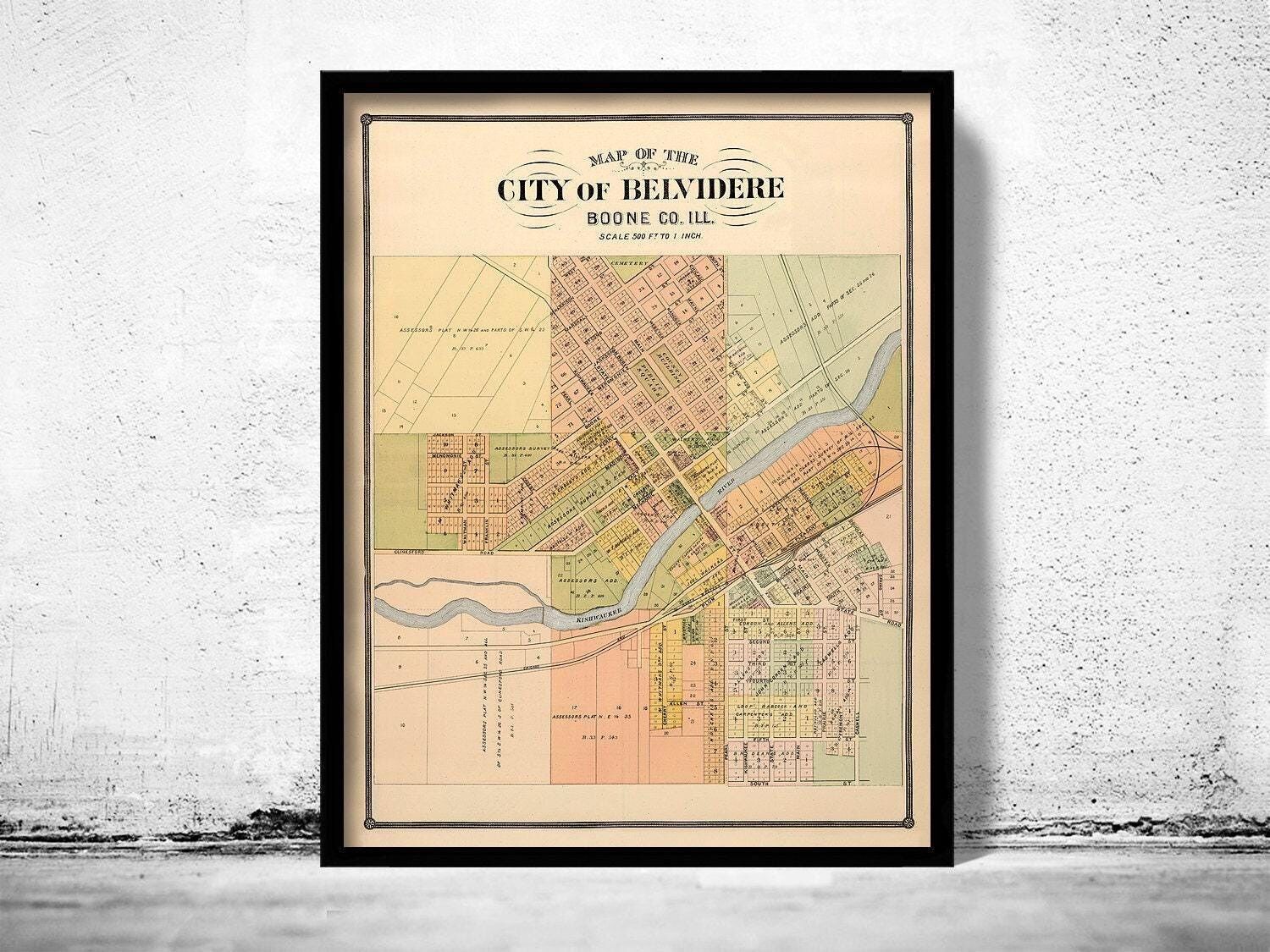 Old map of Belvidere Illinois 1886 Vintage Map | Vintage Map Wall Art Print