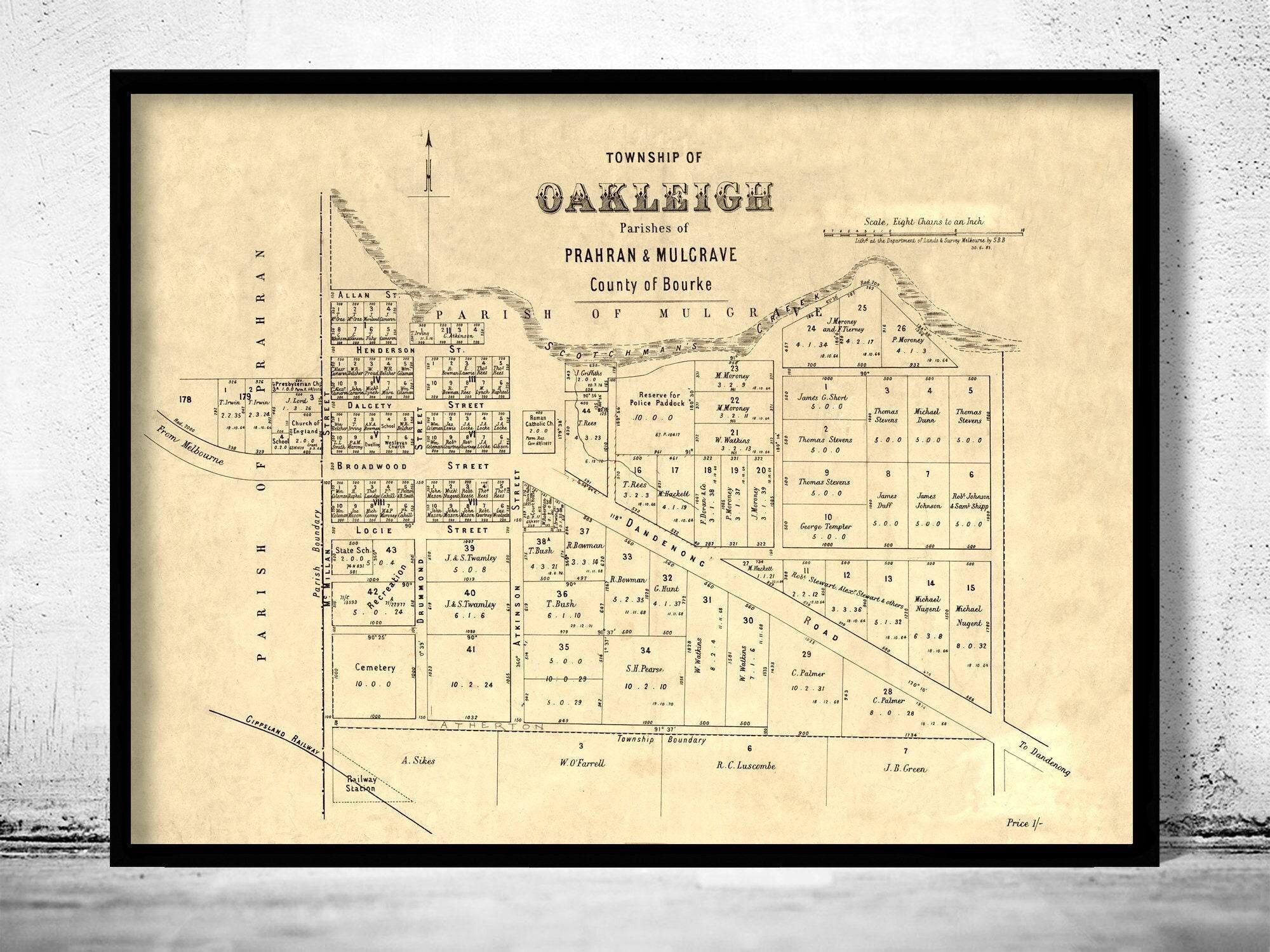 Old Map of Oakleigh Australia 1883 Vintage Map | Vintage Map Wall Art Print