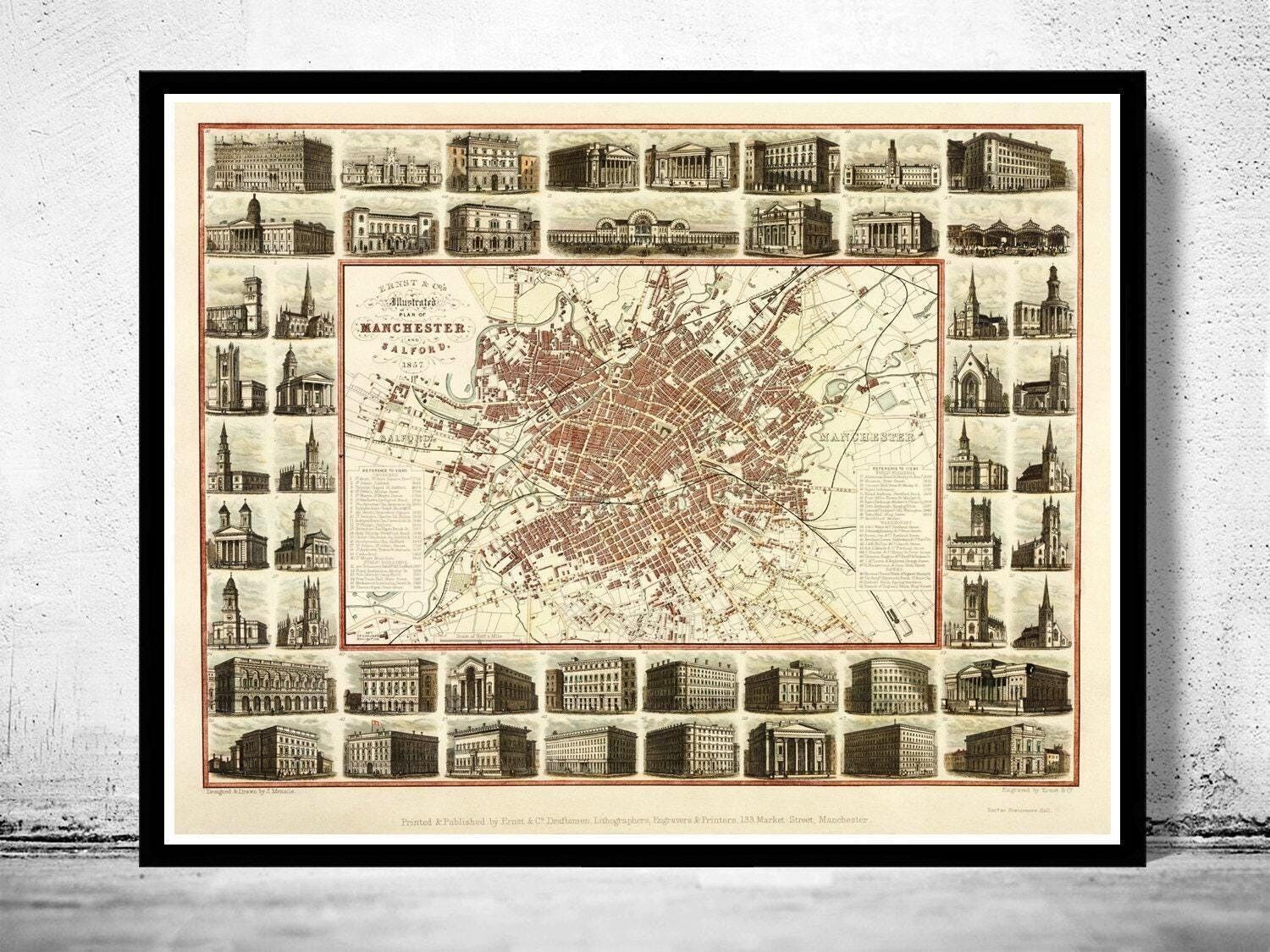 Old Map of Manchester with gravures England 1857 Vintage Map | Vintage Map Wall Art Print