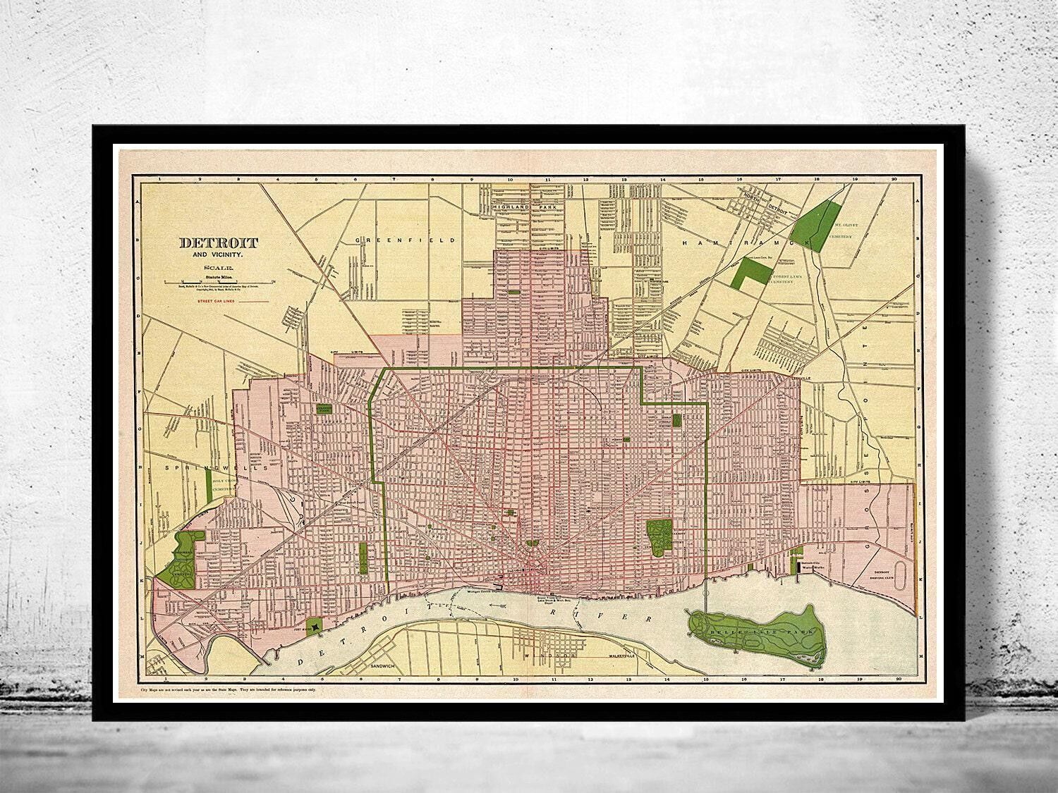 Vecchia mappa di Detroit del 1911 | Stampa artistica da parete con mappa d'epoca