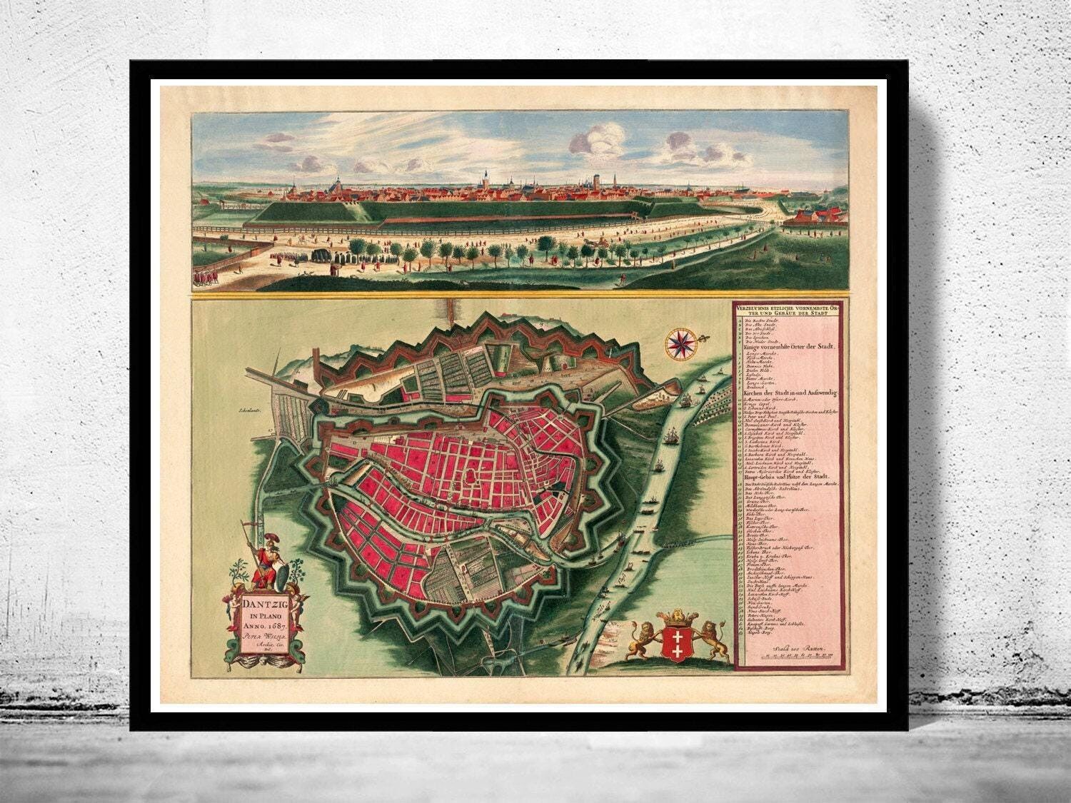 Vecchia mappa di Danzica, Polonia, 1687, mappa vintage | Stampa artistica da parete con mappa vintage