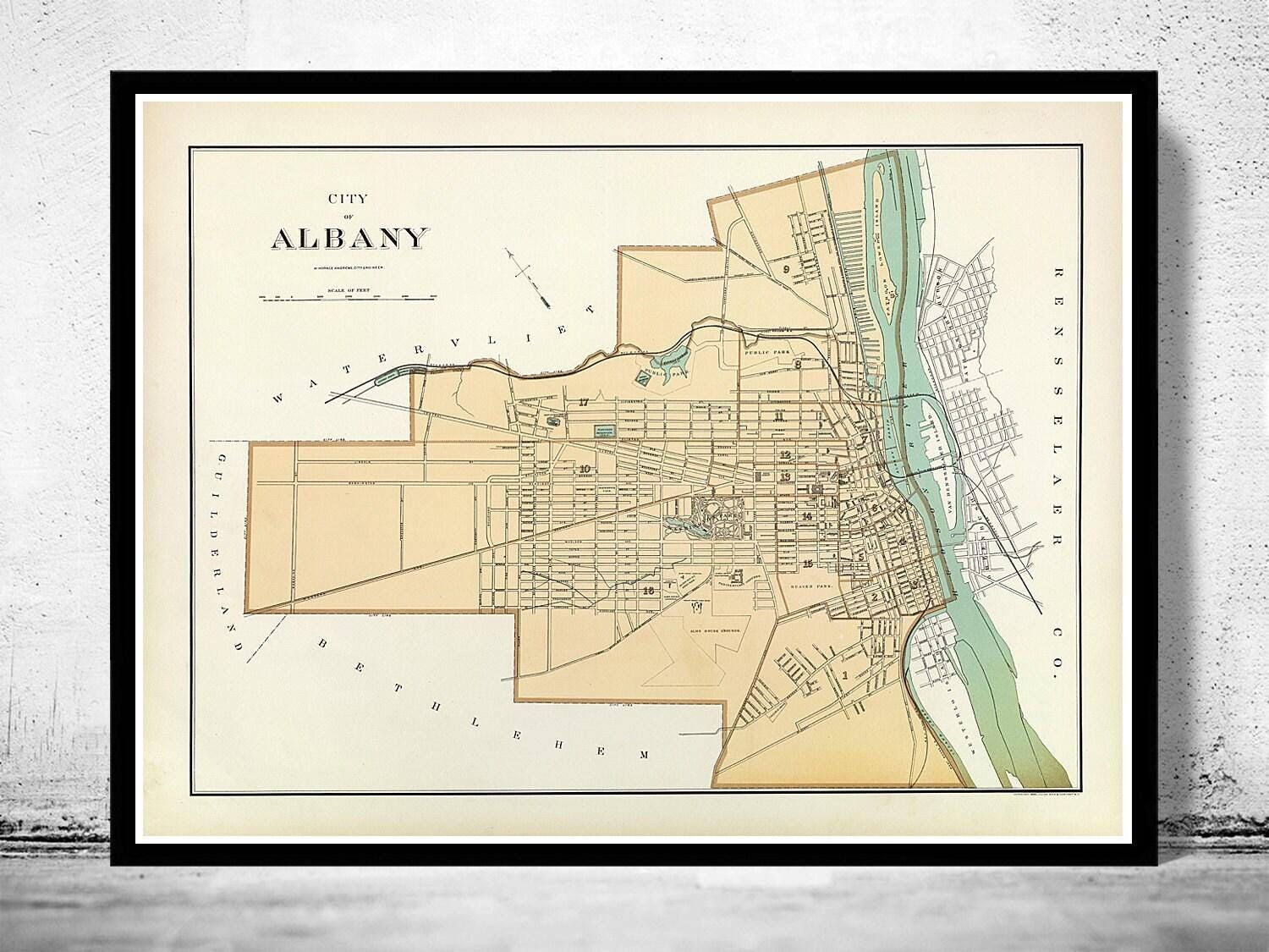 Vecchia mappa di Albany, New York, 1895 | Stampa artistica da parete con mappa d'epoca
