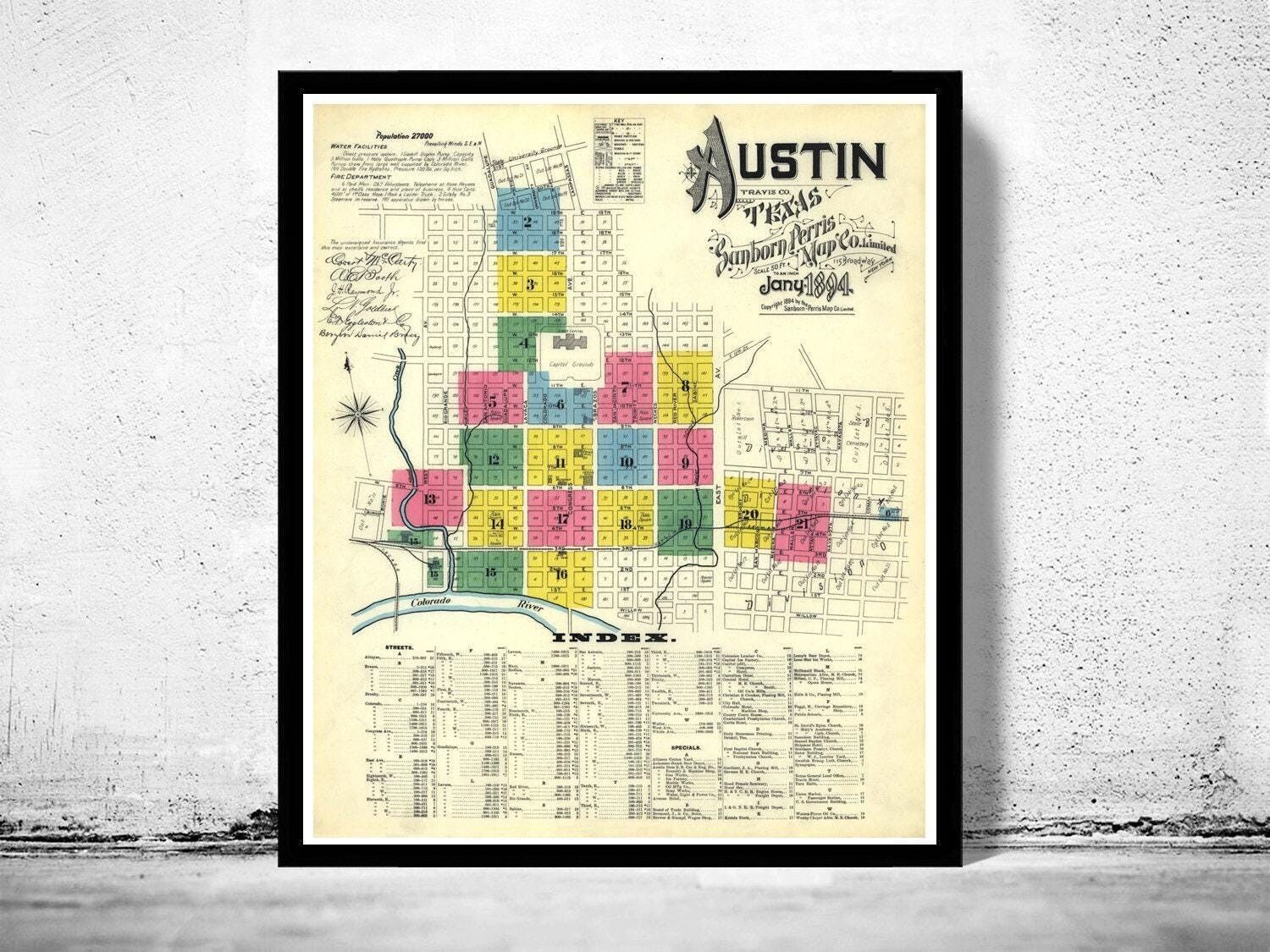 Vecchia mappa di Austin, Texas, mappa d'epoca del 1894 | Stampa artistica da parete con mappa d'epoca