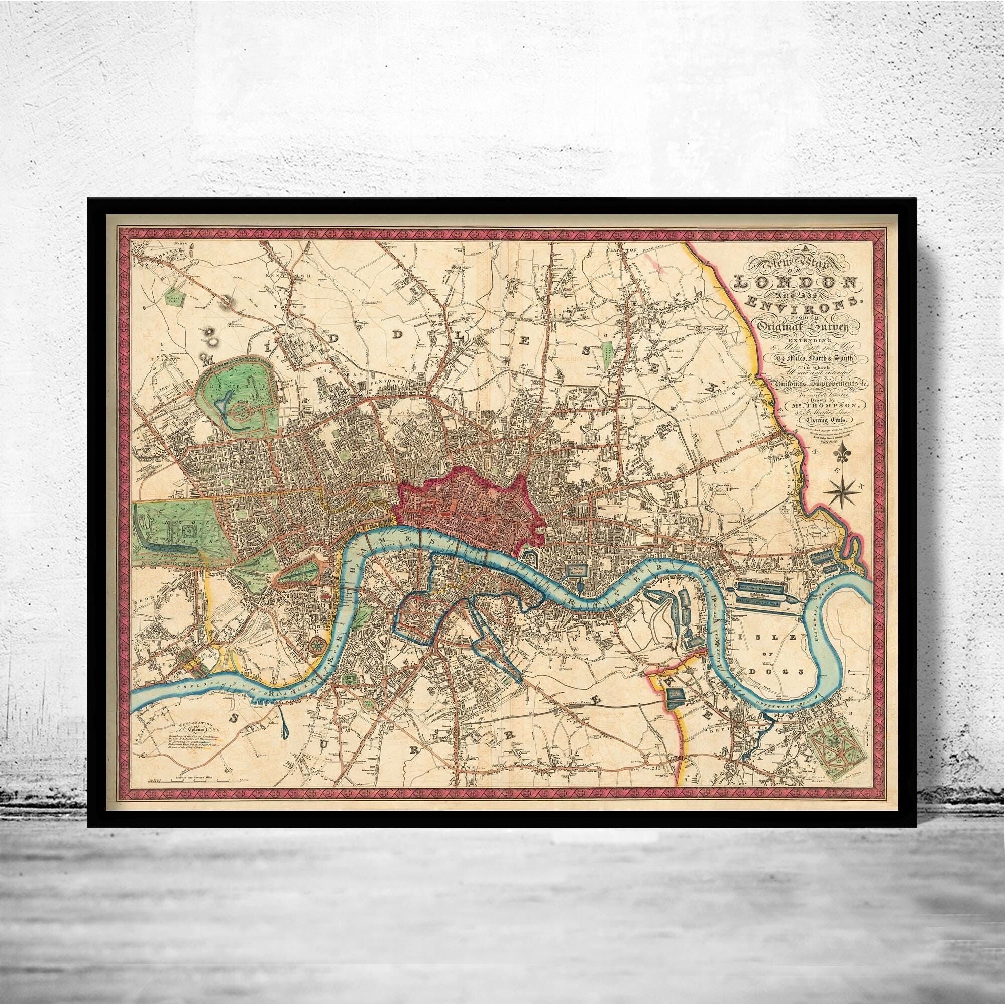 Vecchia mappa di Londra del 1822 | Mappa vintage di Londra | Stampa artistica da parete con mappa vintage
