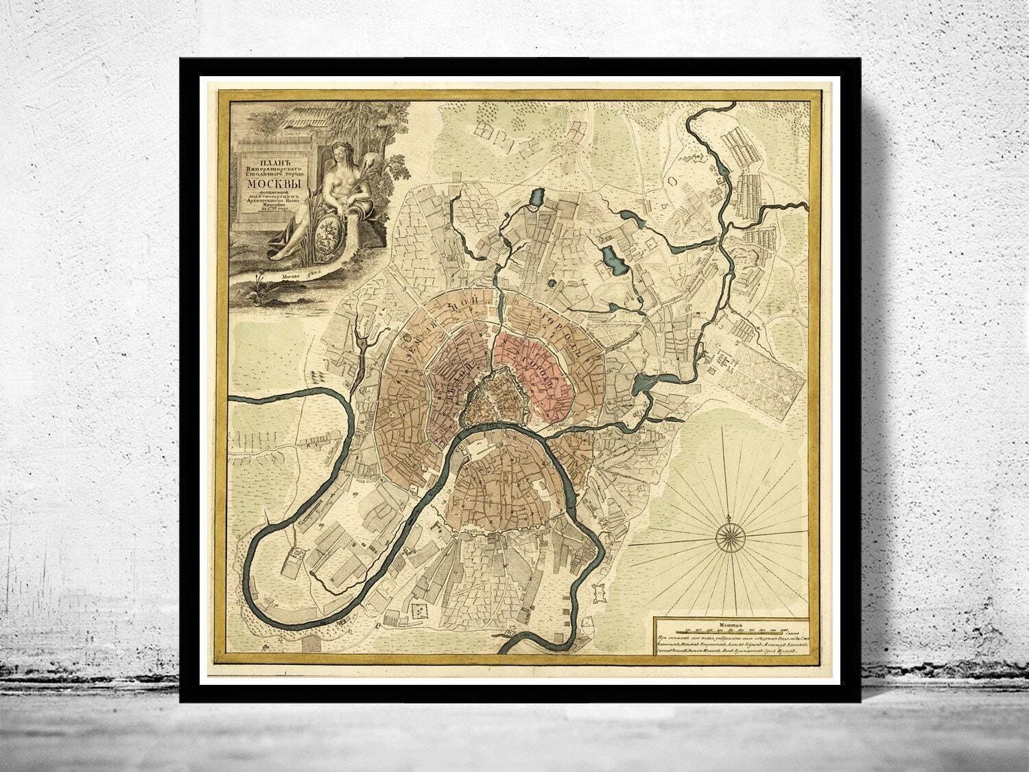 Vecchia mappa di Mosca, Russia, 1745, mappa vintage | Stampa artistica da parete con mappa vintage