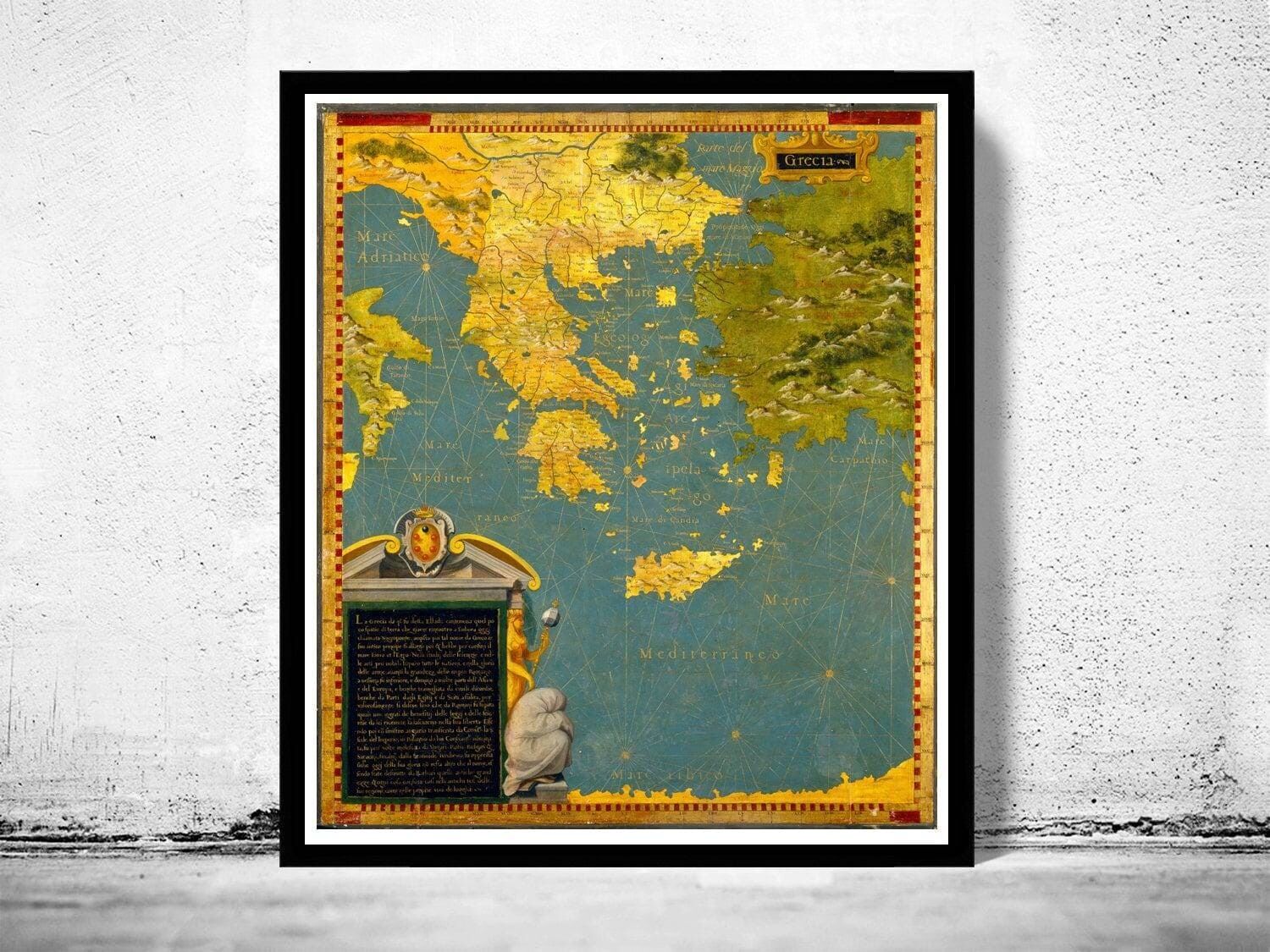 Vecchia mappa della Grecia, 1585, mappa vintage | Stampa artistica da parete con mappa vintage