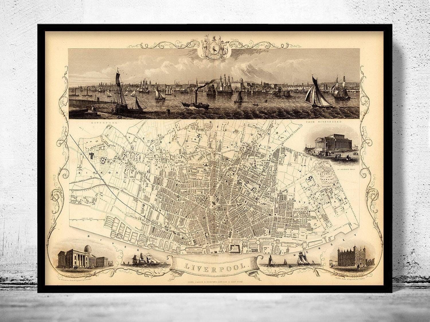 Vecchia mappa di Liverpool del 1851, mappa vintage del Regno Unito | Stampa artistica da parete con mappa vintage