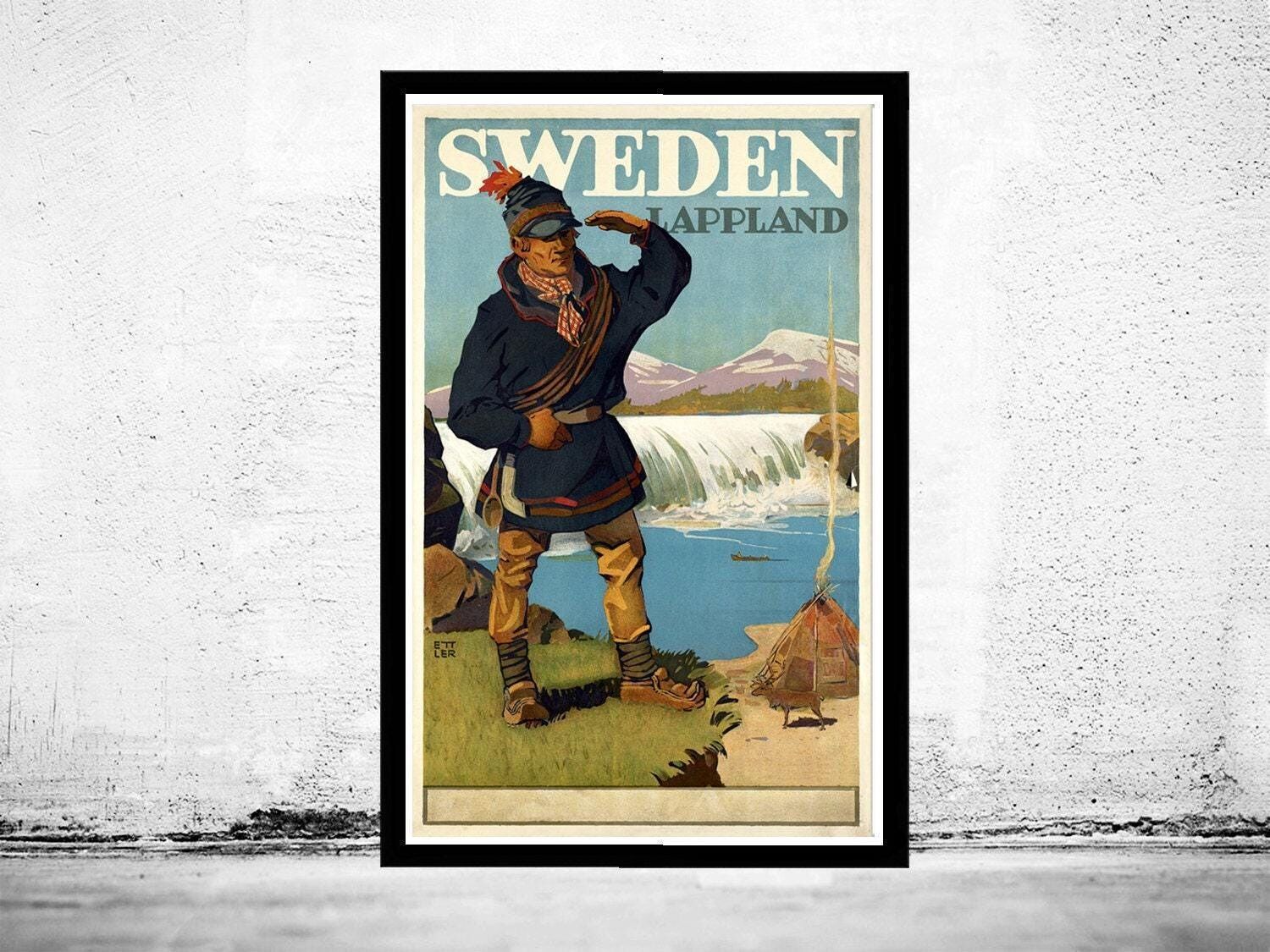 Vecchio poster di viaggio vintage del turismo svedese in Lapponia | Stampa artistica da parete con mappa d'epoca | Stampa di poster di grandi dimensioni | Decorazione da parete per la casa