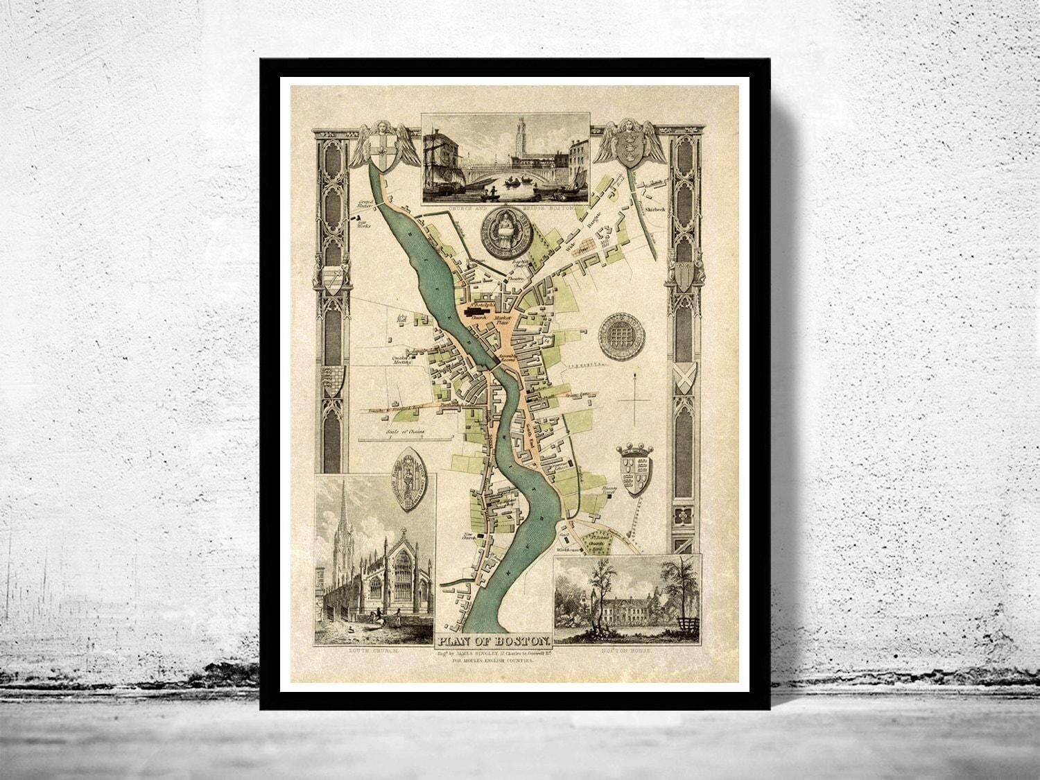 Vecchia mappa di Boston del 1837, Inghilterra, Regno Unito, mappa vintage | Stampa artistica da parete con mappa vintage