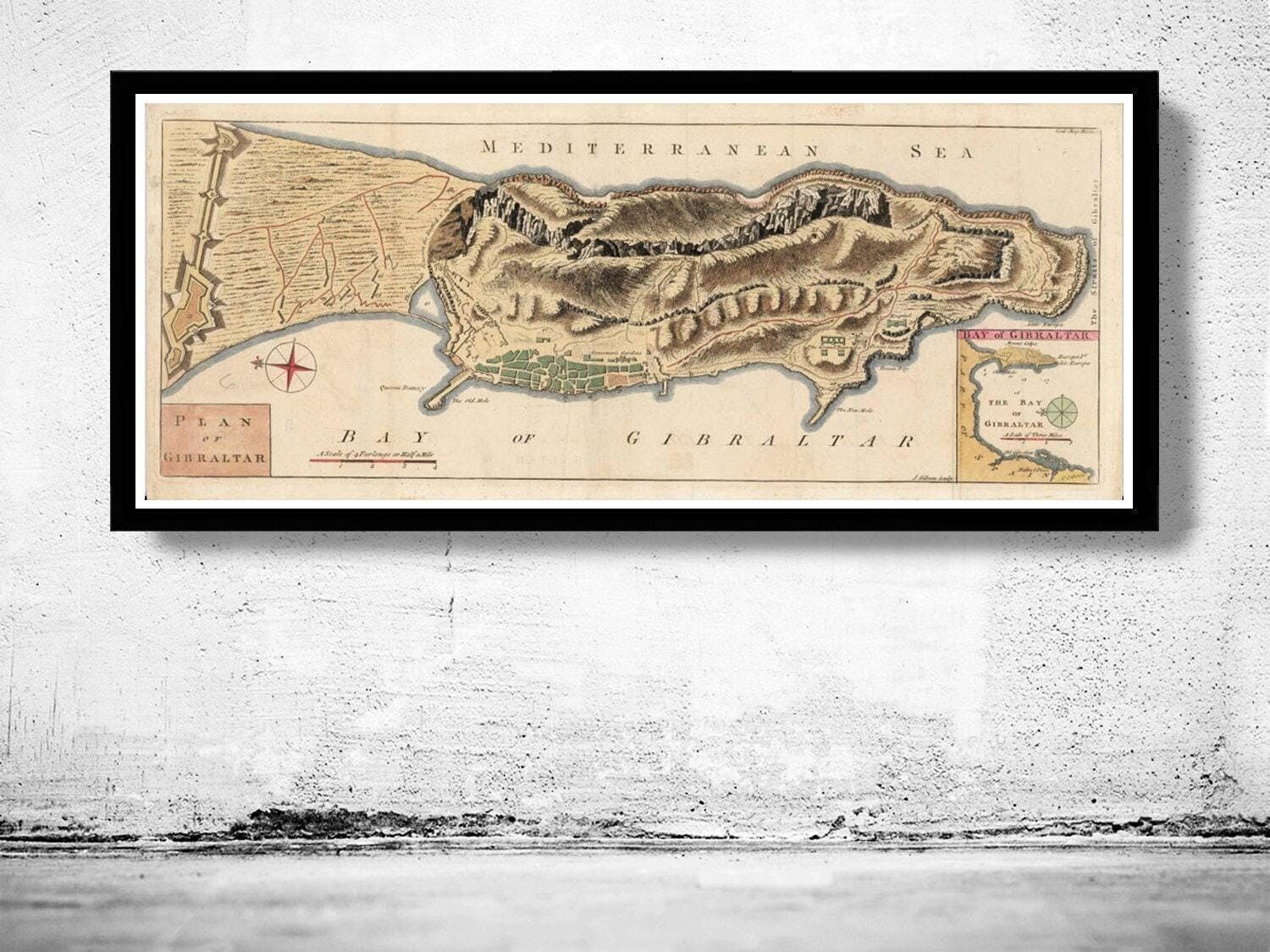 Vecchia mappa di Gibilterra, Spagna, 1762 | Mappa vintage | Stampa artistica da parete con mappa vintage