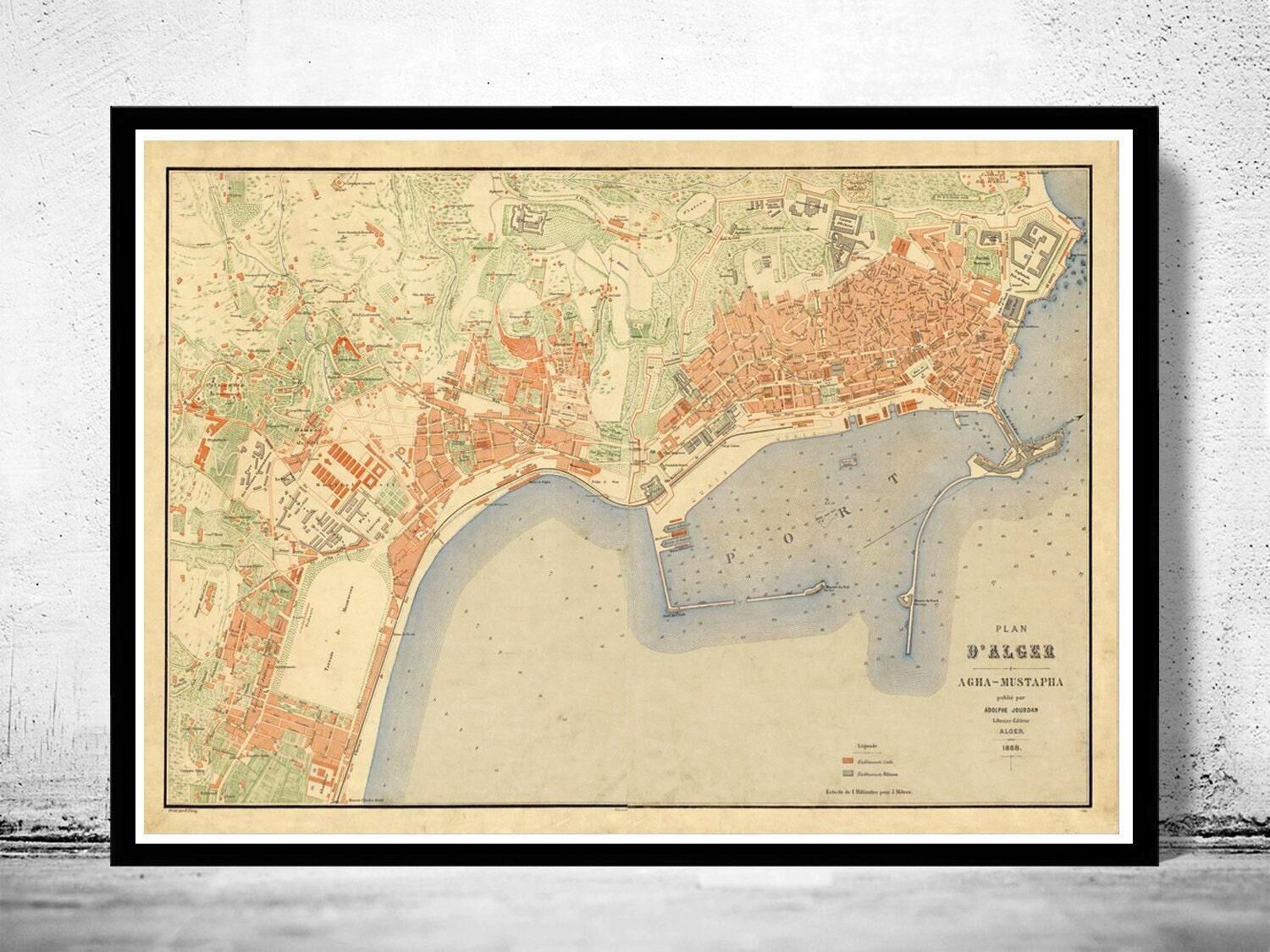 Vecchia mappa di Algeri, Alger 1888, mappa vintage | Stampa artistica da parete con mappa vintage
