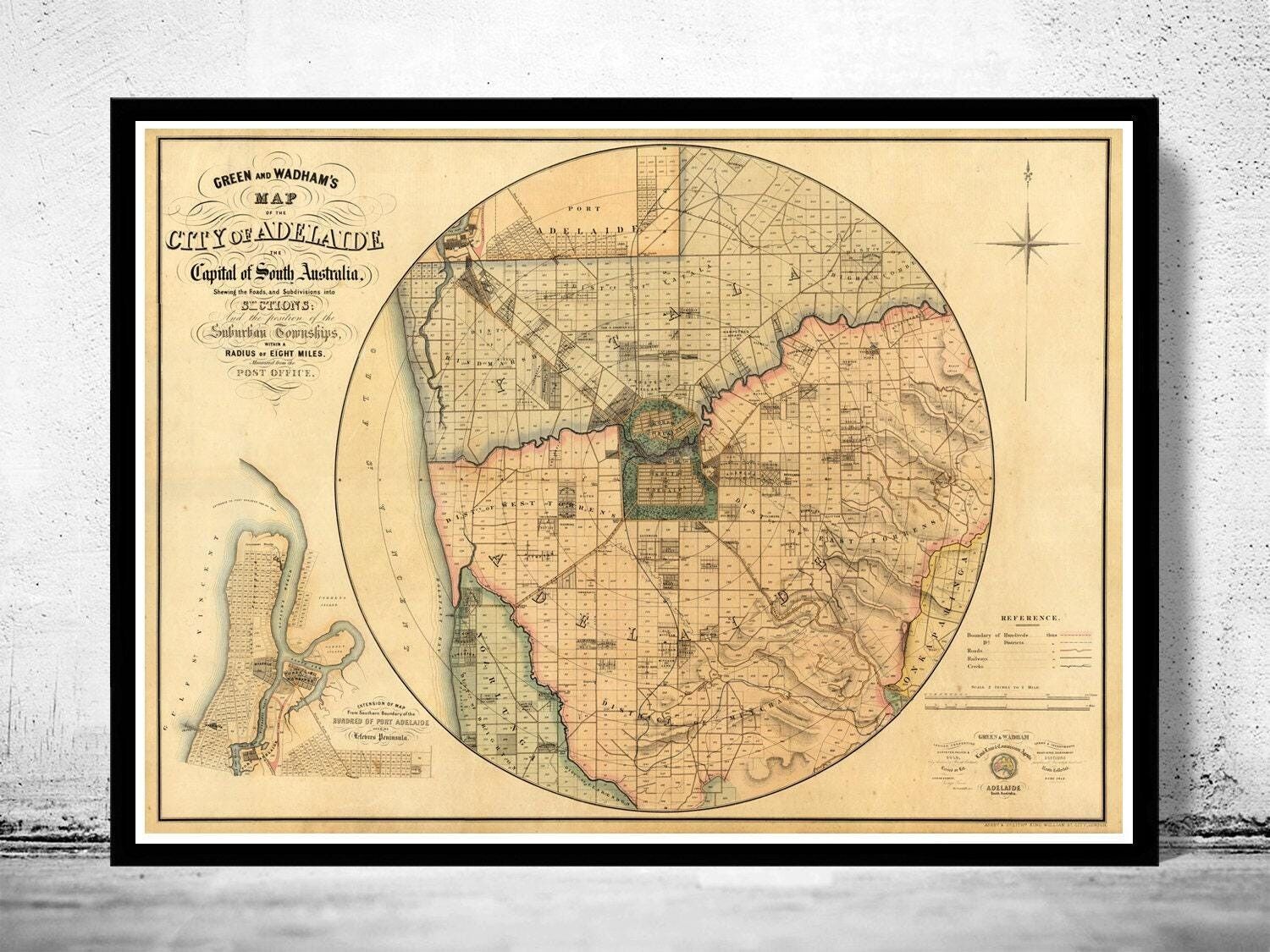 Vecchia mappa di Adelaide, Australia, mappa vintage del 1891 | Stampa artistica da parete con mappa vintage
