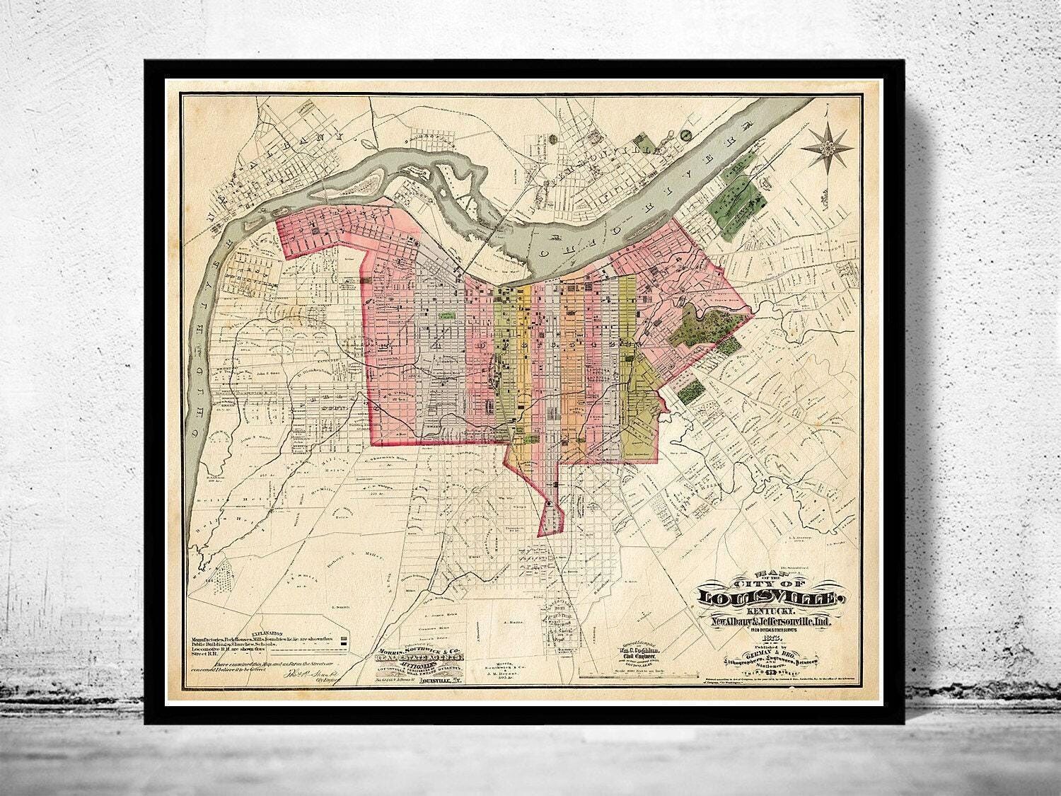 Vecchia mappa di Louisville, Kentucky, mappa vintage del 1898 | Stampa artistica da parete con mappa vintage