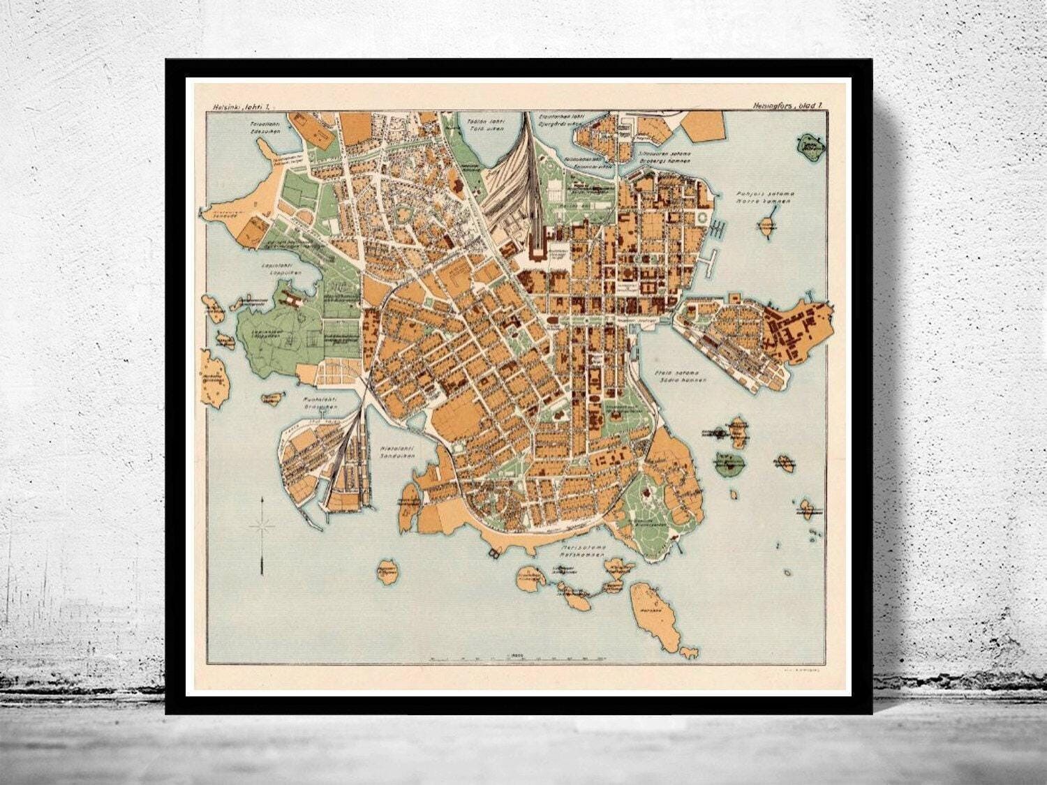 Vecchia mappa di Helsinki del 1928 | Stampa artistica da parete con mappa d'epoca