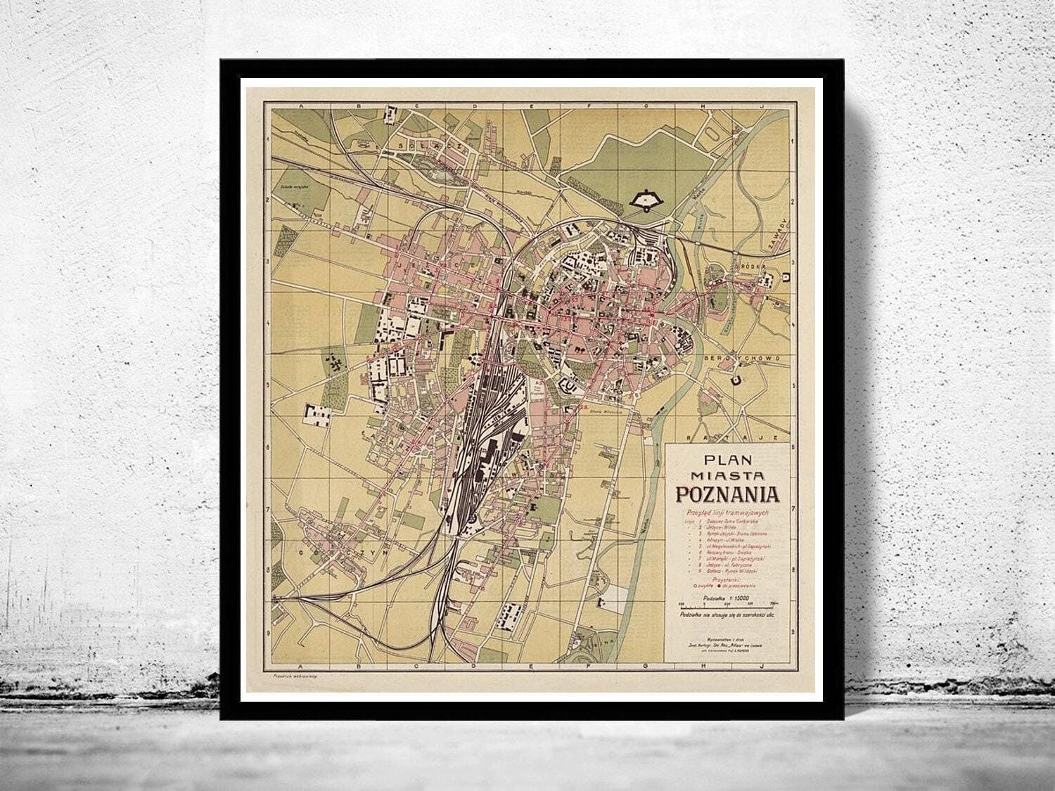 Vecchia mappa di Poznan, Polonia, 1924, mappa vintage | Stampa artistica da parete con mappa vintage