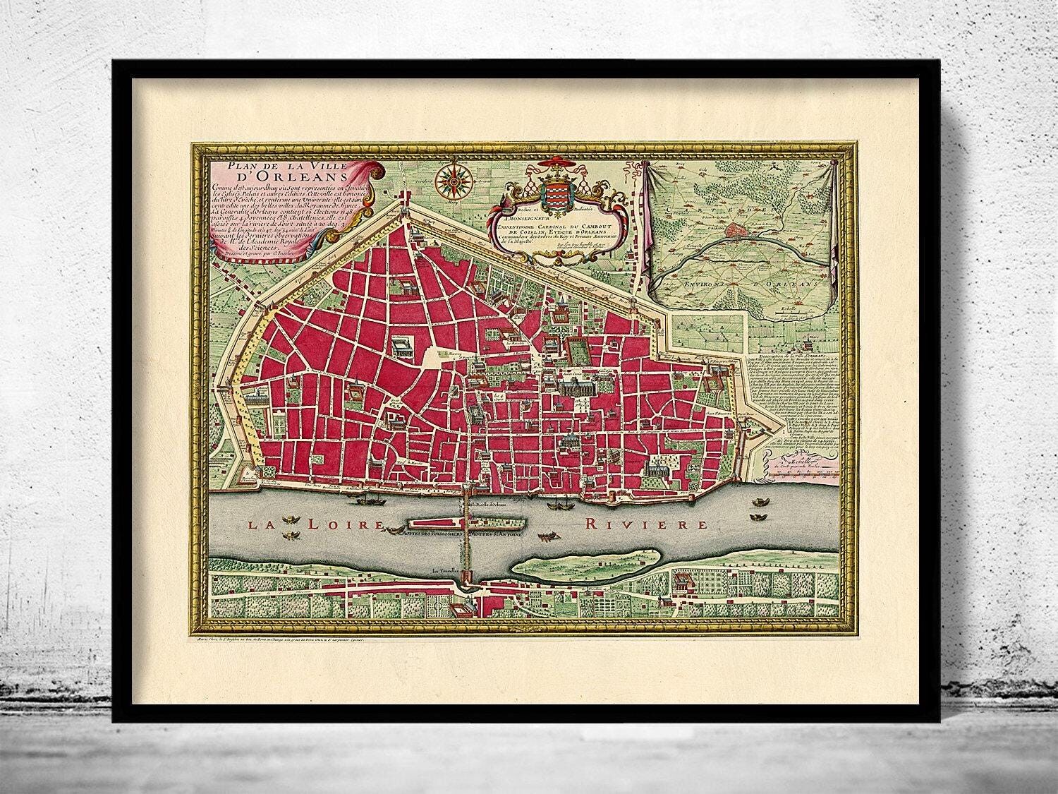 Vecchia mappa di Orleans, Francia, 1700 | Mappa vintage | Stampa artistica da parete con mappa vintage