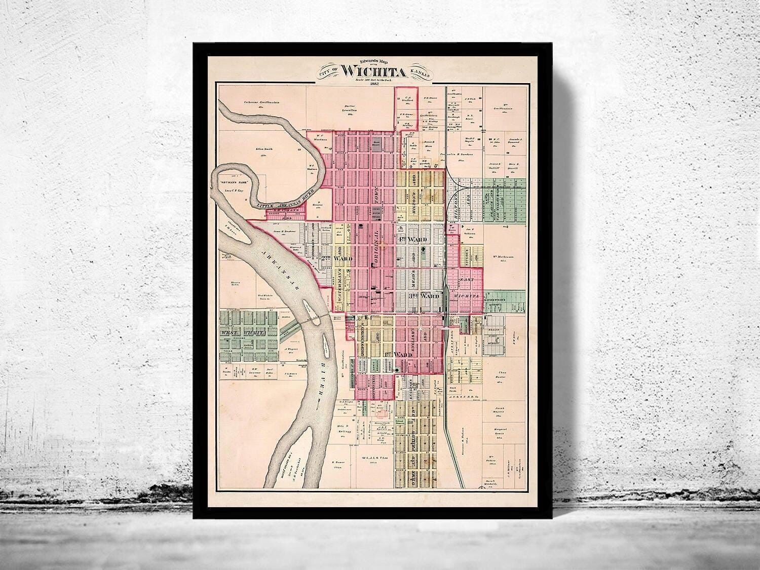 Vecchia mappa di Wichita City, Kansas, mappa vintage del 1882 | Stampa artistica da parete con mappa vintage