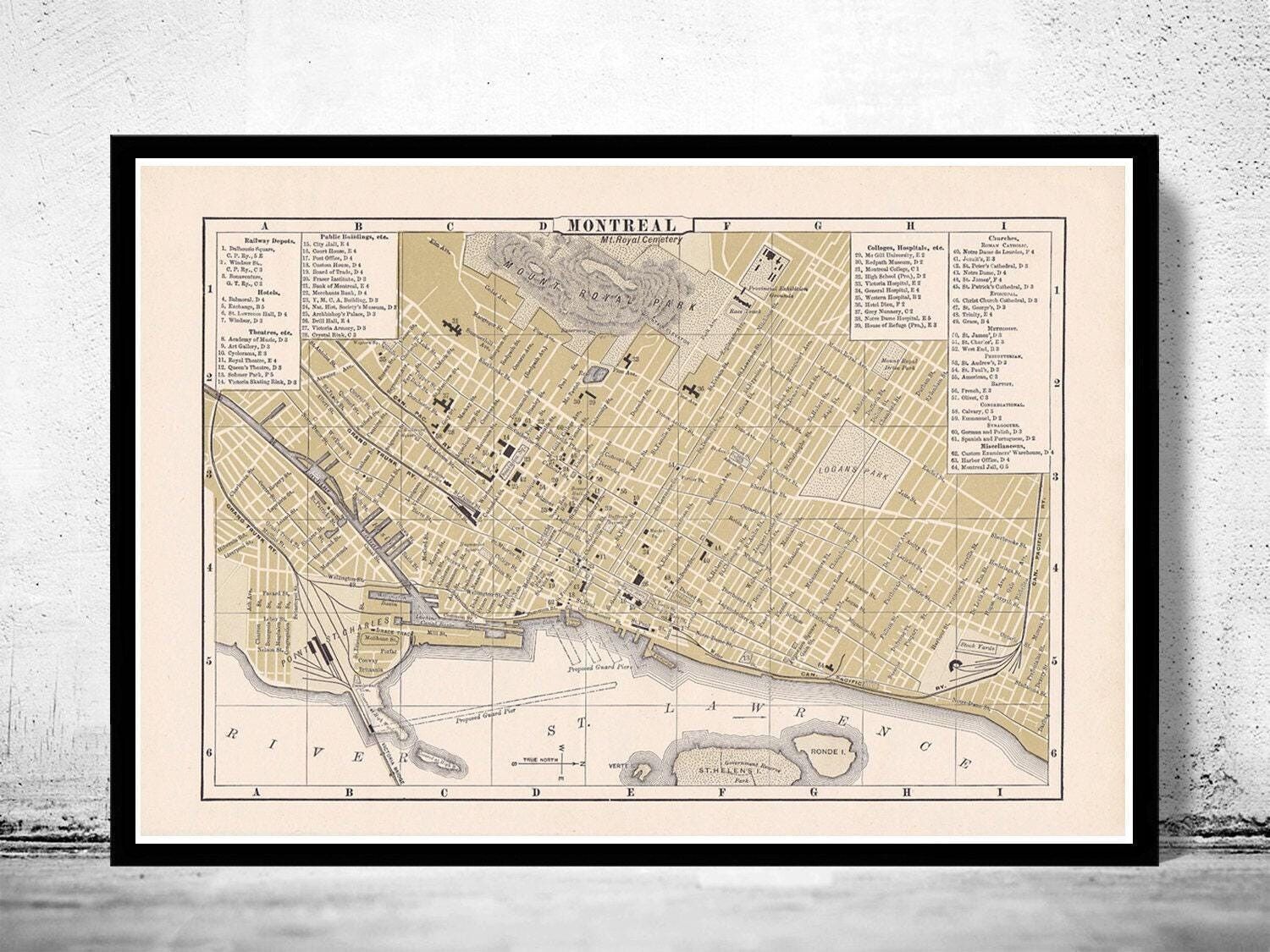 Vecchia mappa di Montreal, Canada, 1894 | Mappa di Montreal d'epoca | Stampa artistica da parete con mappa d'epoca