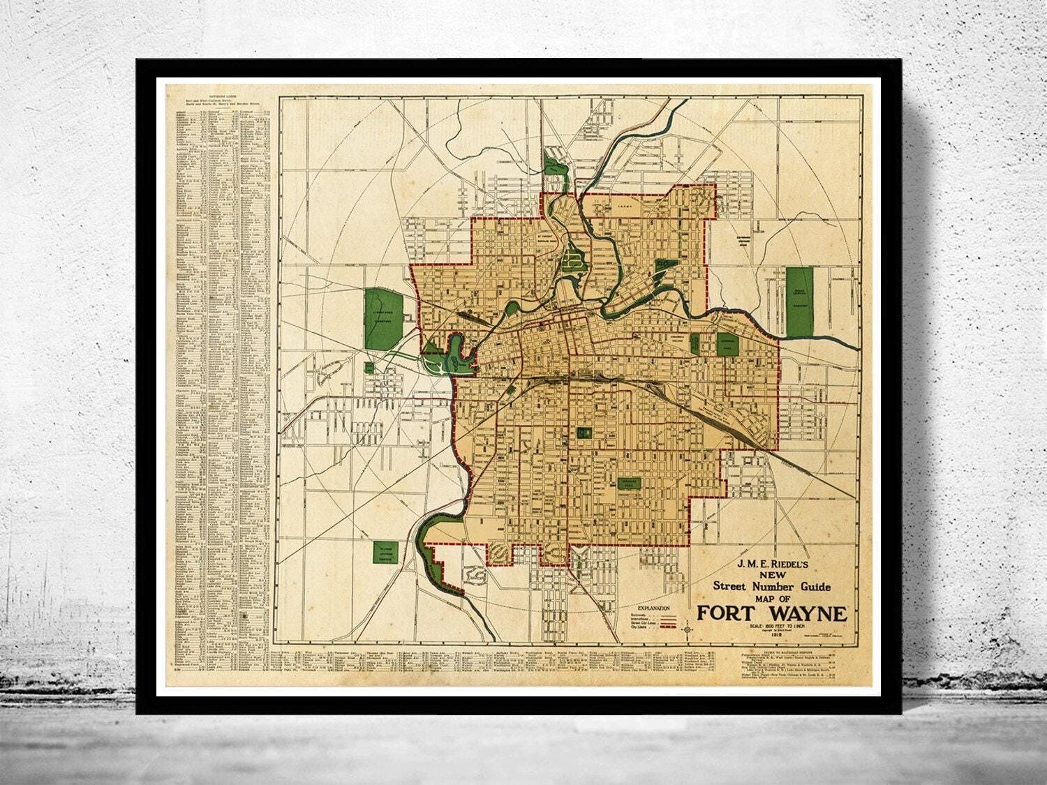 Vecchia mappa di Fort Wayne, Indiana, mappa vintage del 1919 | Stampa artistica da parete con mappa vintage