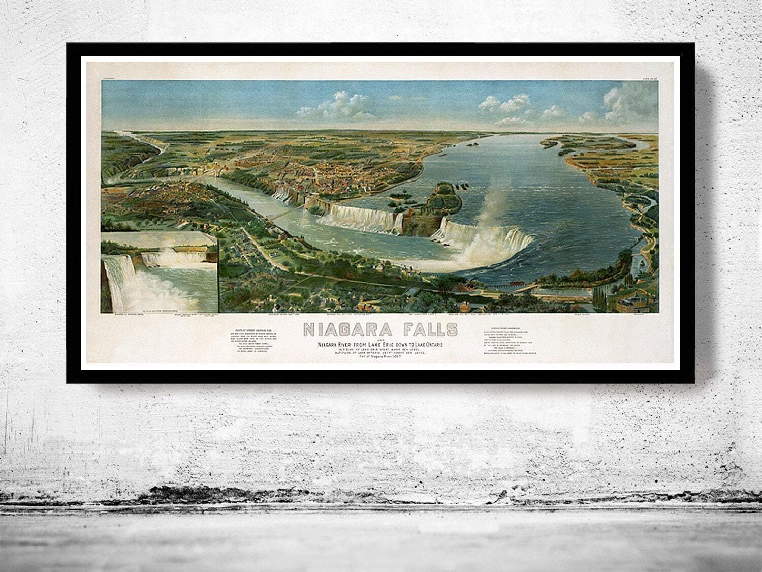 Vista panoramica d'epoca delle Cascate del Niagara, Lago Erie, Lago Ontario, 1891 | Stampa artistica da parete con mappa d'epoca