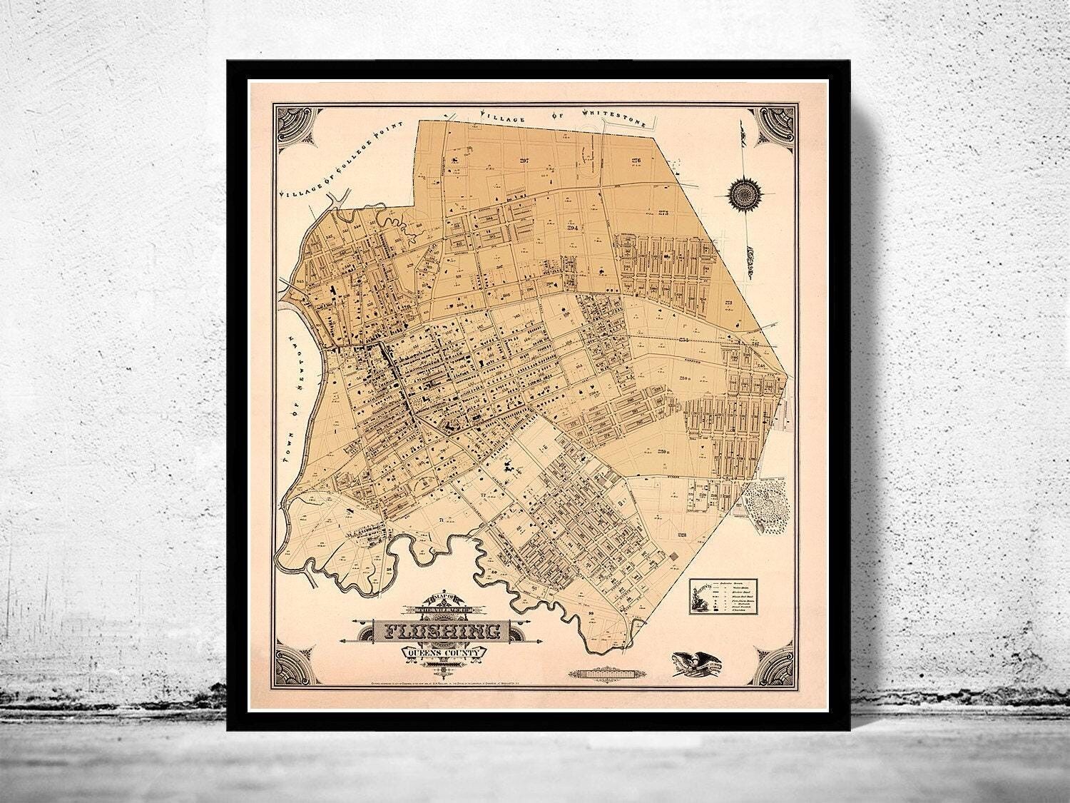 Vecchia mappa di Flushing, New York, mappa vintage del 1894 | Stampa artistica da parete con mappa vintage
