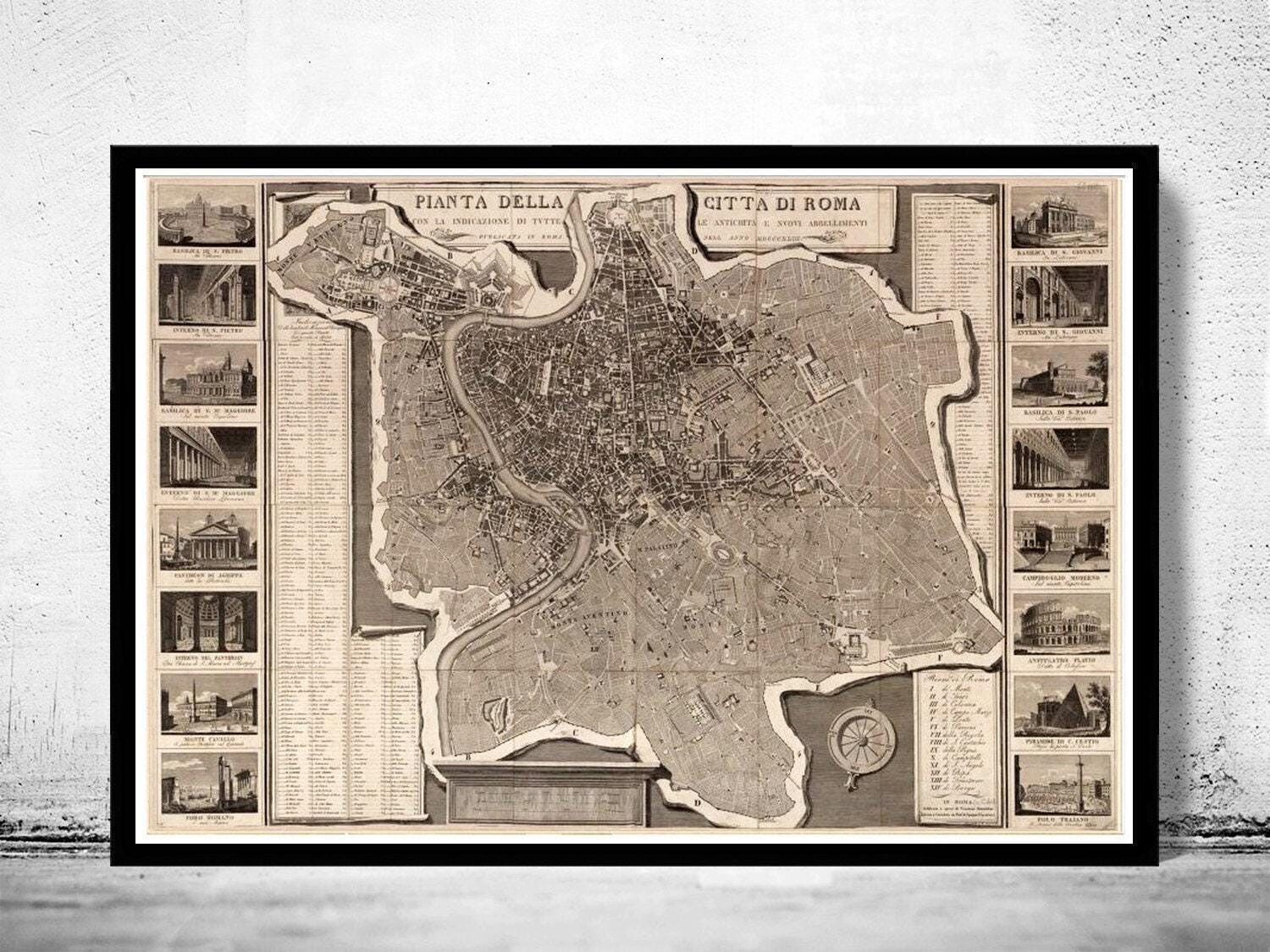 Antica mappa di Roma, Roma, Italia, 1843 Antica mappa di Roma | Stampa artistica da parete con mappa d'epoca