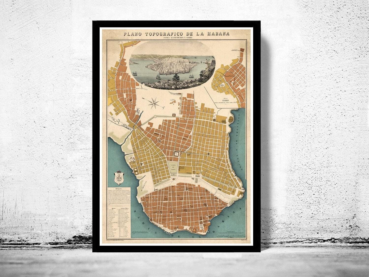 Vecchia mappa dell'Avana, mappa vintage del 1850 | Stampa artistica da parete con mappa vintage