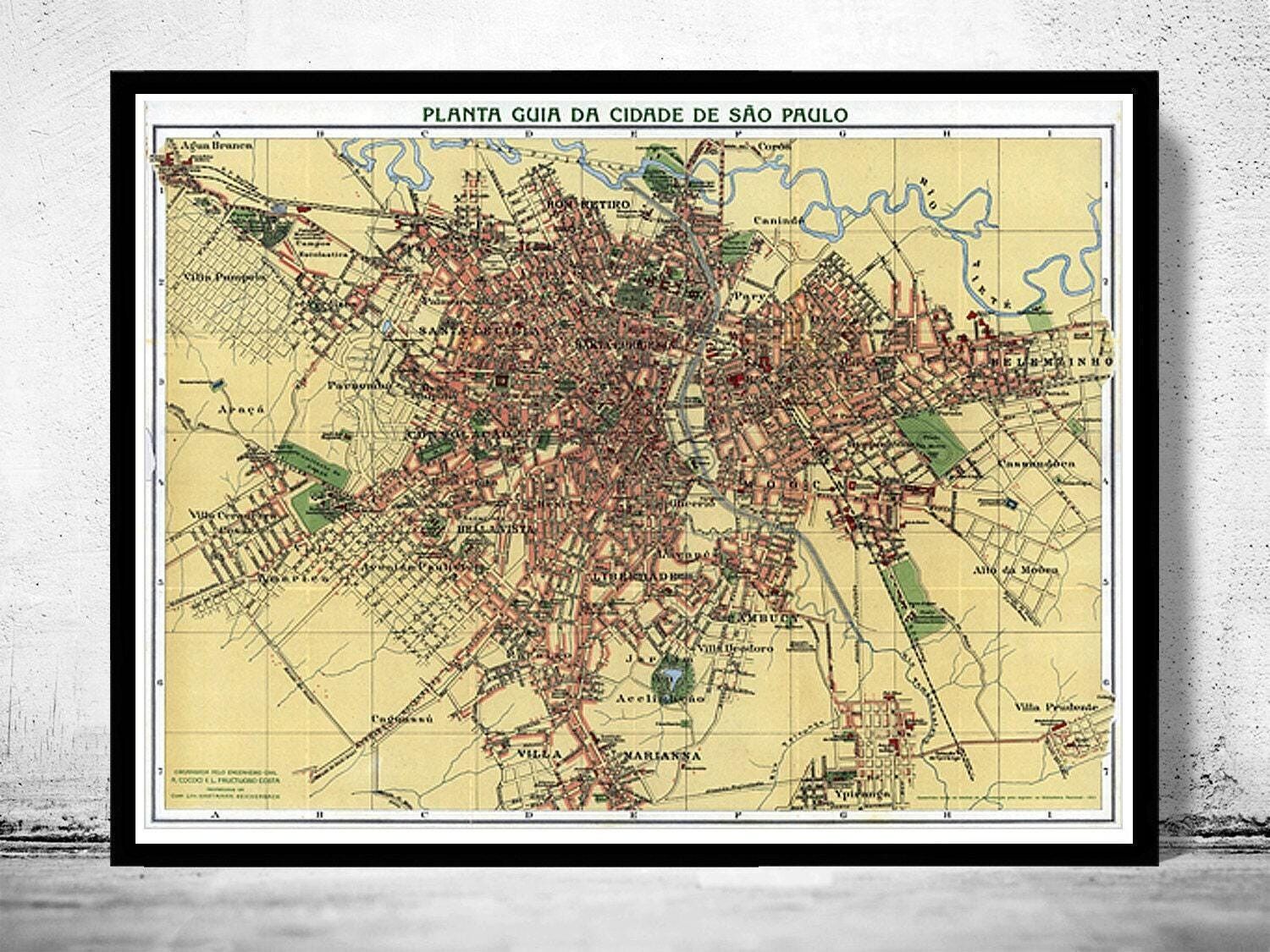 Vecchia mappa di San Paolo Brasile 1913 Vintage | Stampa artistica da parete con mappa vintage