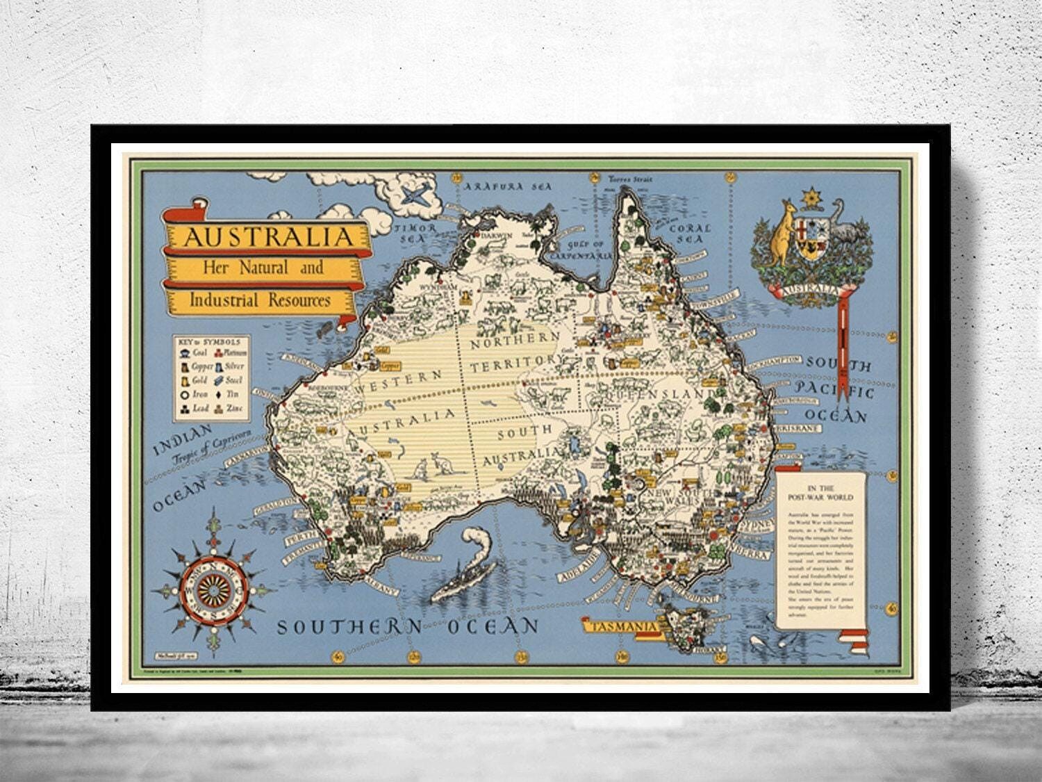 Vecchia mappa dell'Australia, Nuova Zelanda e Tasmania, mappa vintage | Stampa artistica da parete con mappa vintage